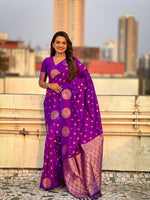Purple Moonga Silk Woven Dual Jari Peacock Designer Heavy Festive Wear Saree