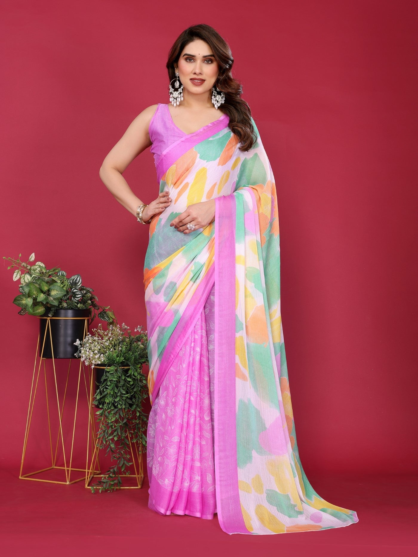 Purple Moss Chiffon Saree With Elegant Printed Design