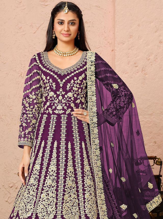 Purple Net Heavy Thread Embroidery And Zari Work  Anarkali Suits