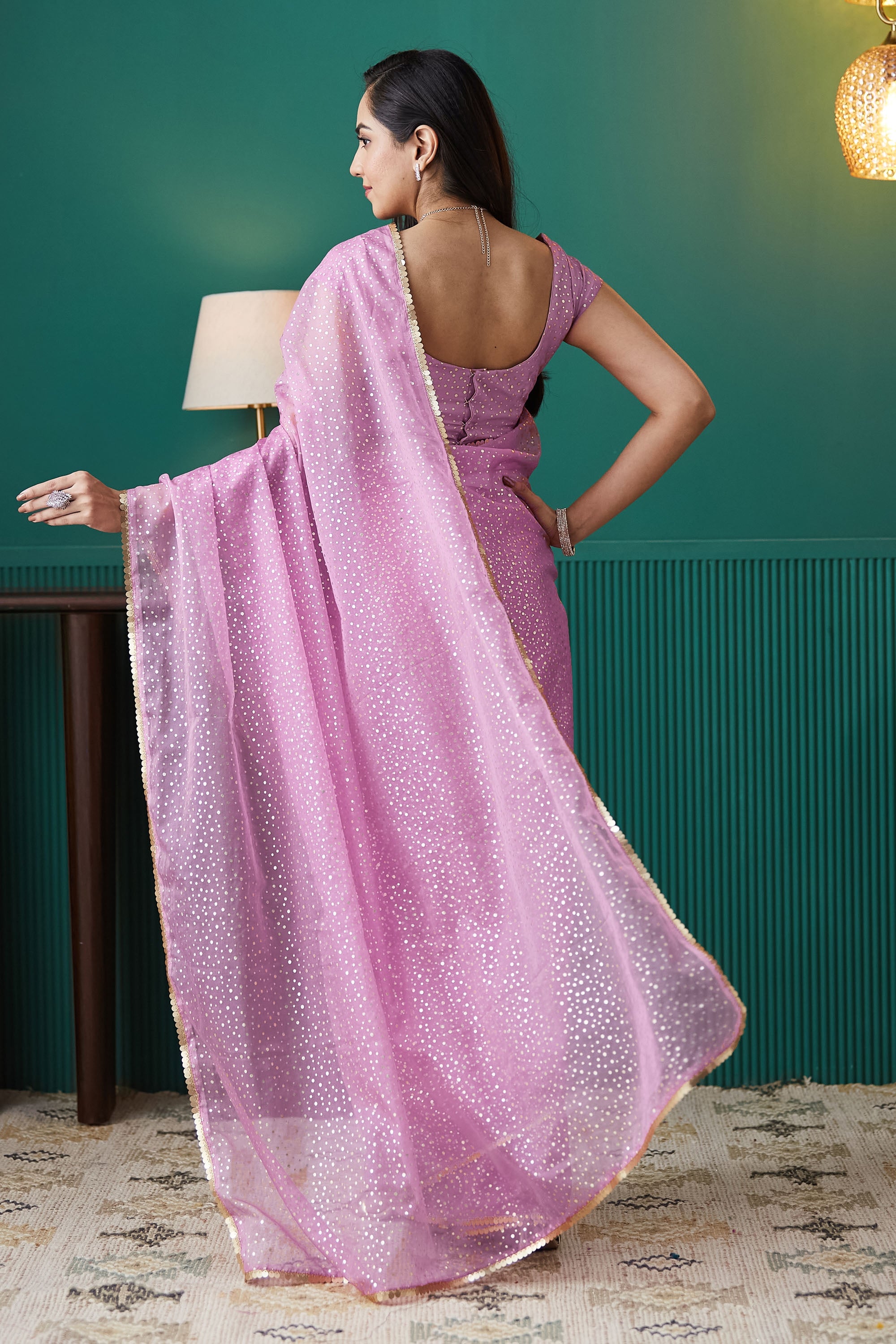 Purple Organza Designer Foil Printed Partywear Saree