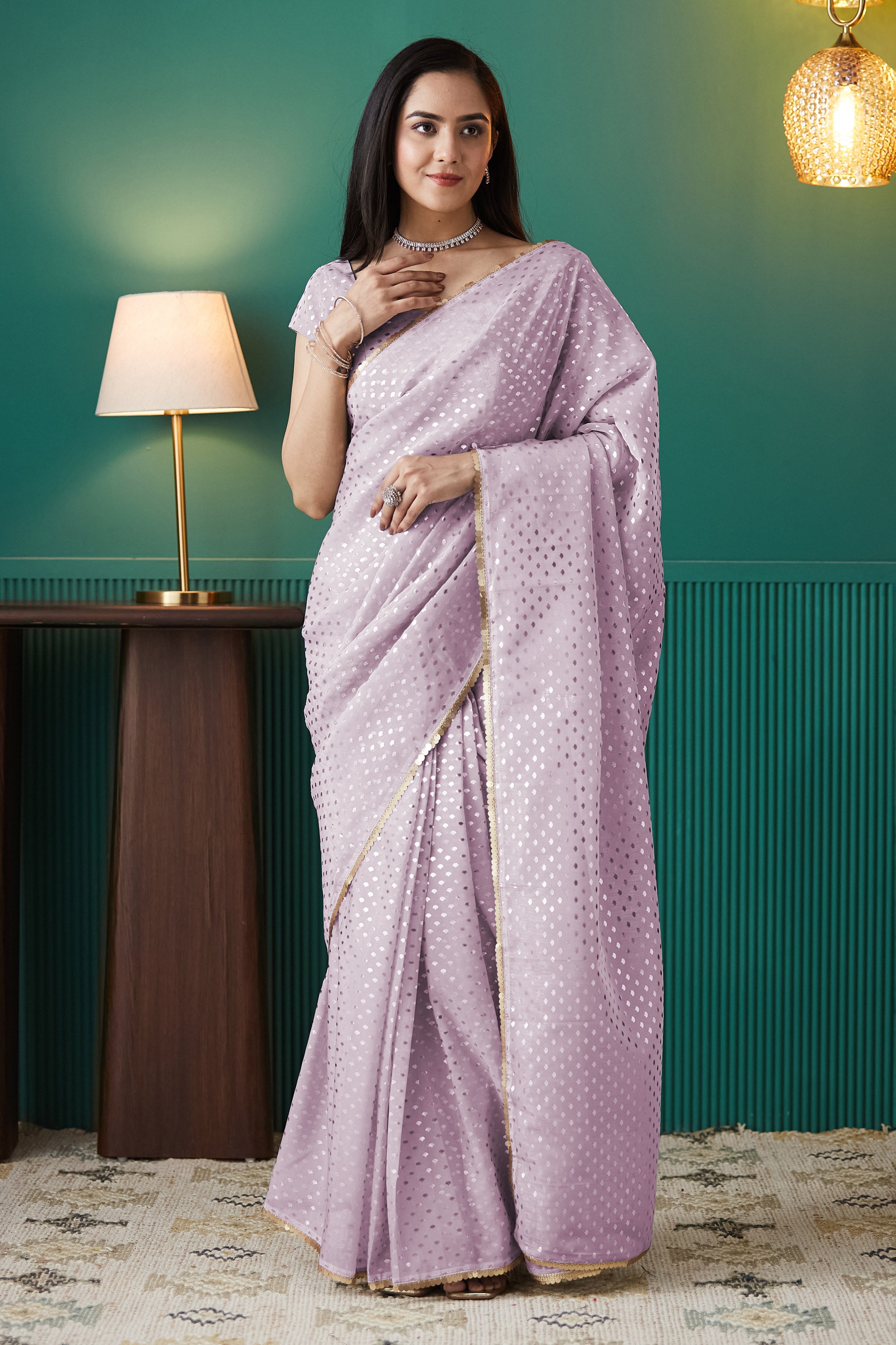 Purple Organza Designer Foil Printed Ready To Wear Saree