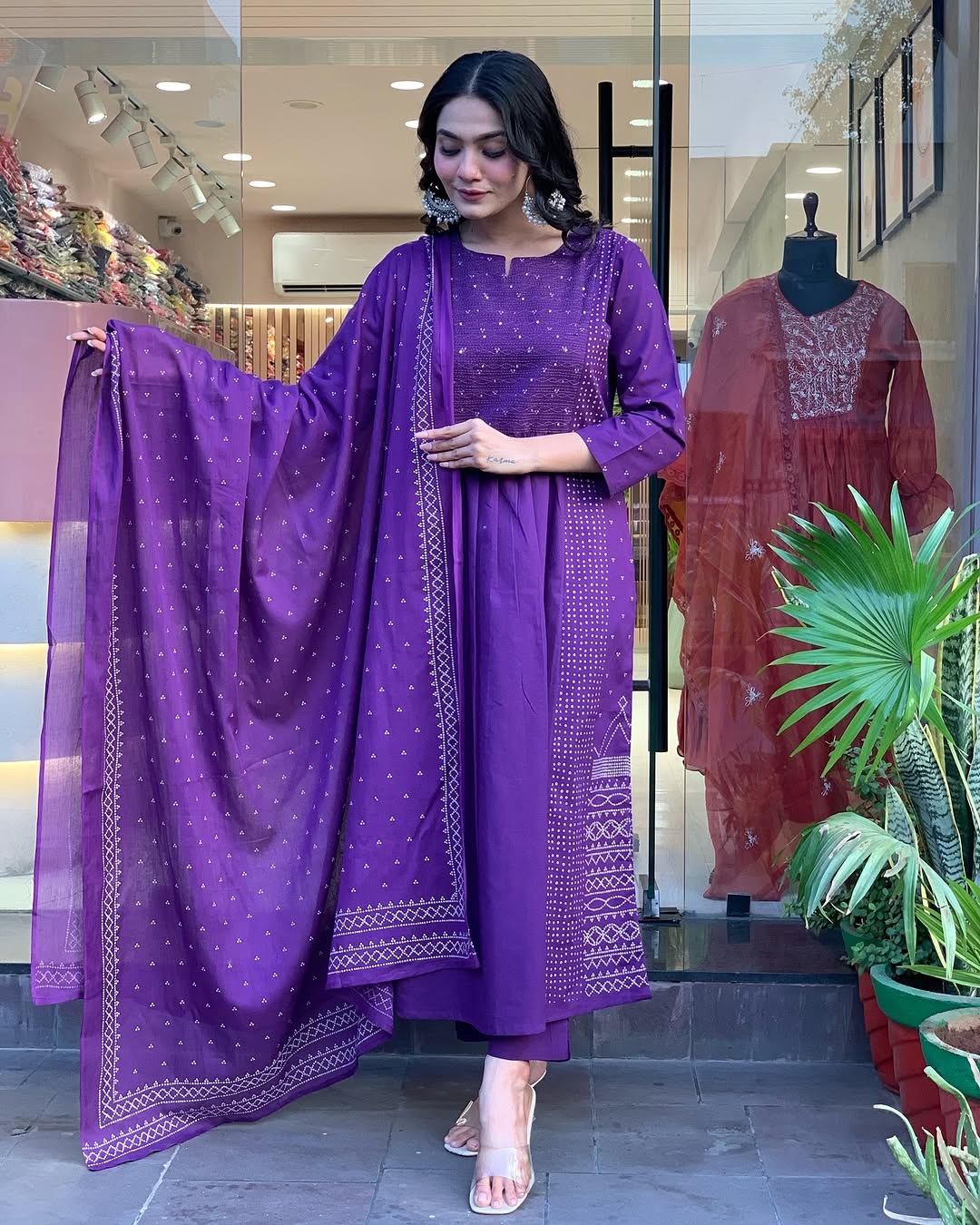 Purple P.V Chanderi Kurta Pant Set With Print With Thread Embroidery Work