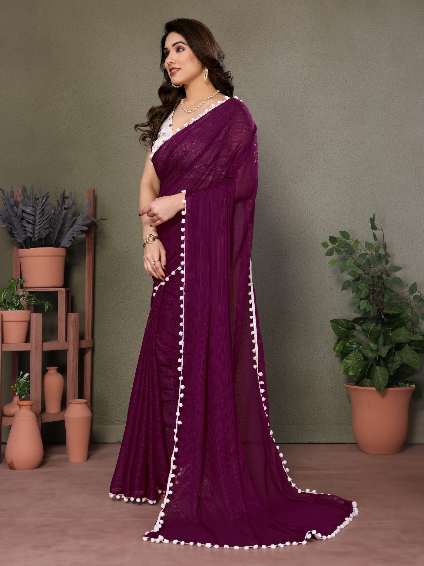Purple Polyester Zari Saree With Plain Saree With Embroidery Work Blouse And Pum Pum Lace