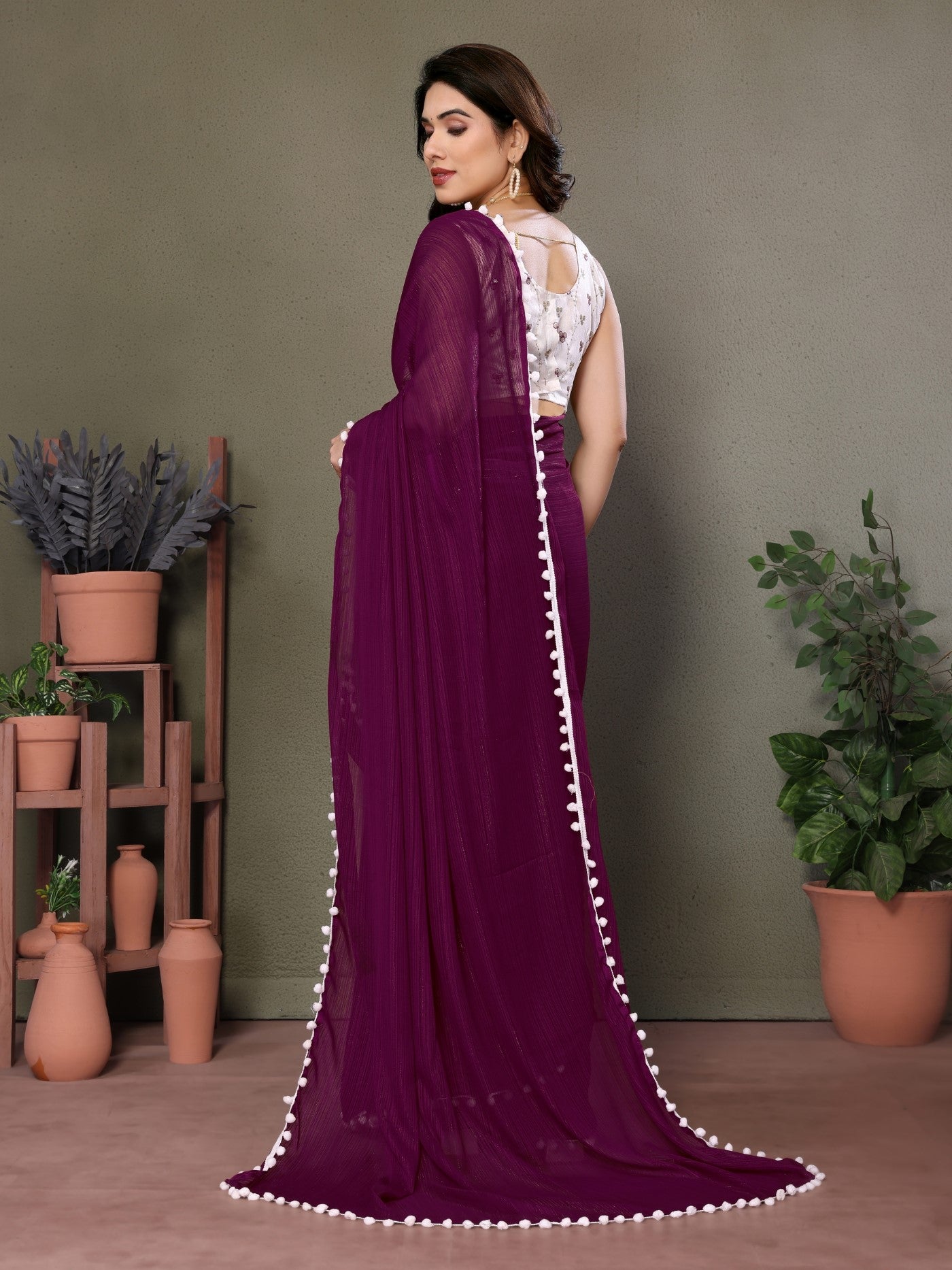 Purple Polyester Zari Saree With Plain Saree With Embroidery Work Blouse And Pum Pum Lace