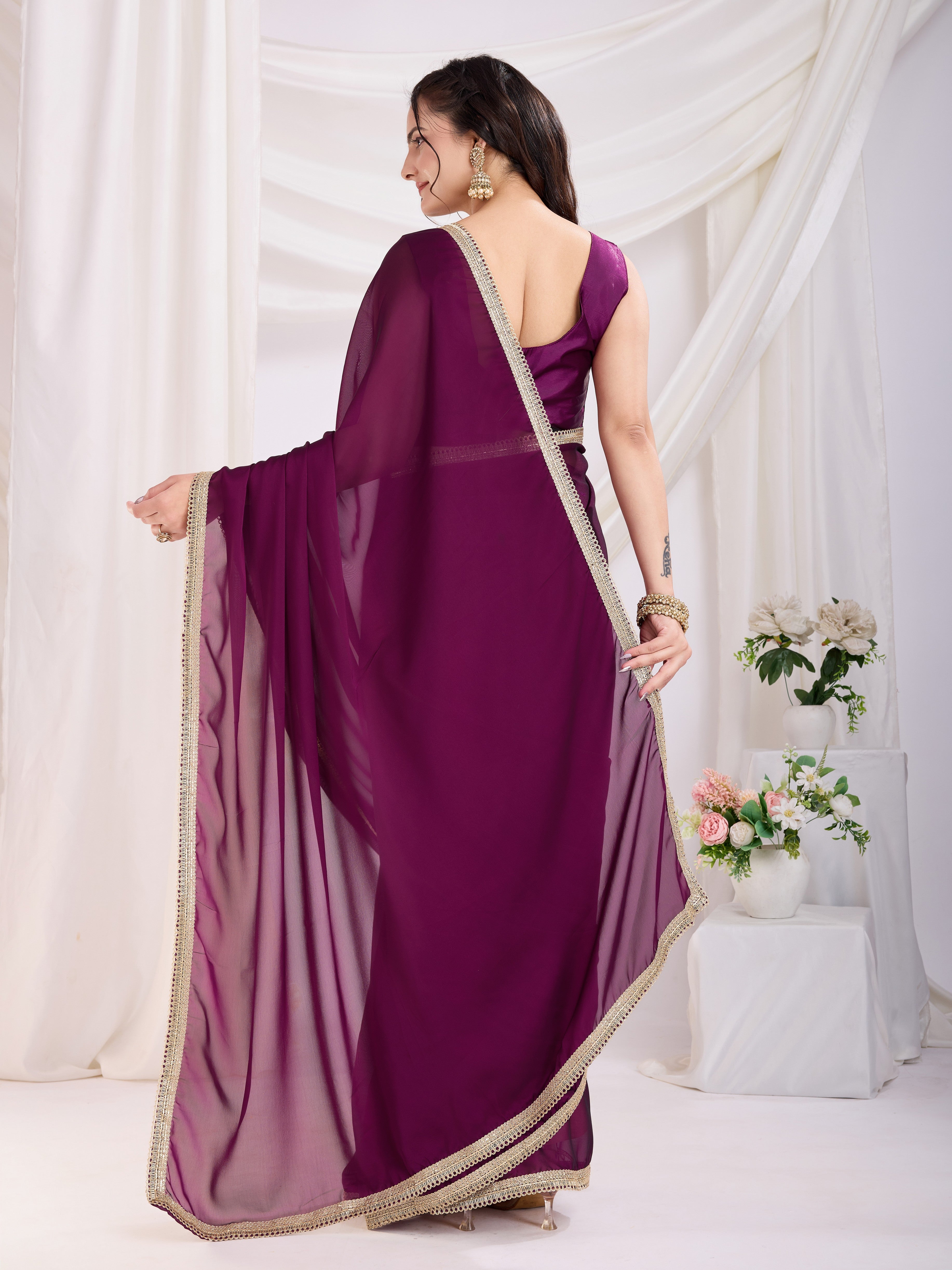 Purple Rangoli Silk Pre Stitched Solid Printed Saree With Lace Border