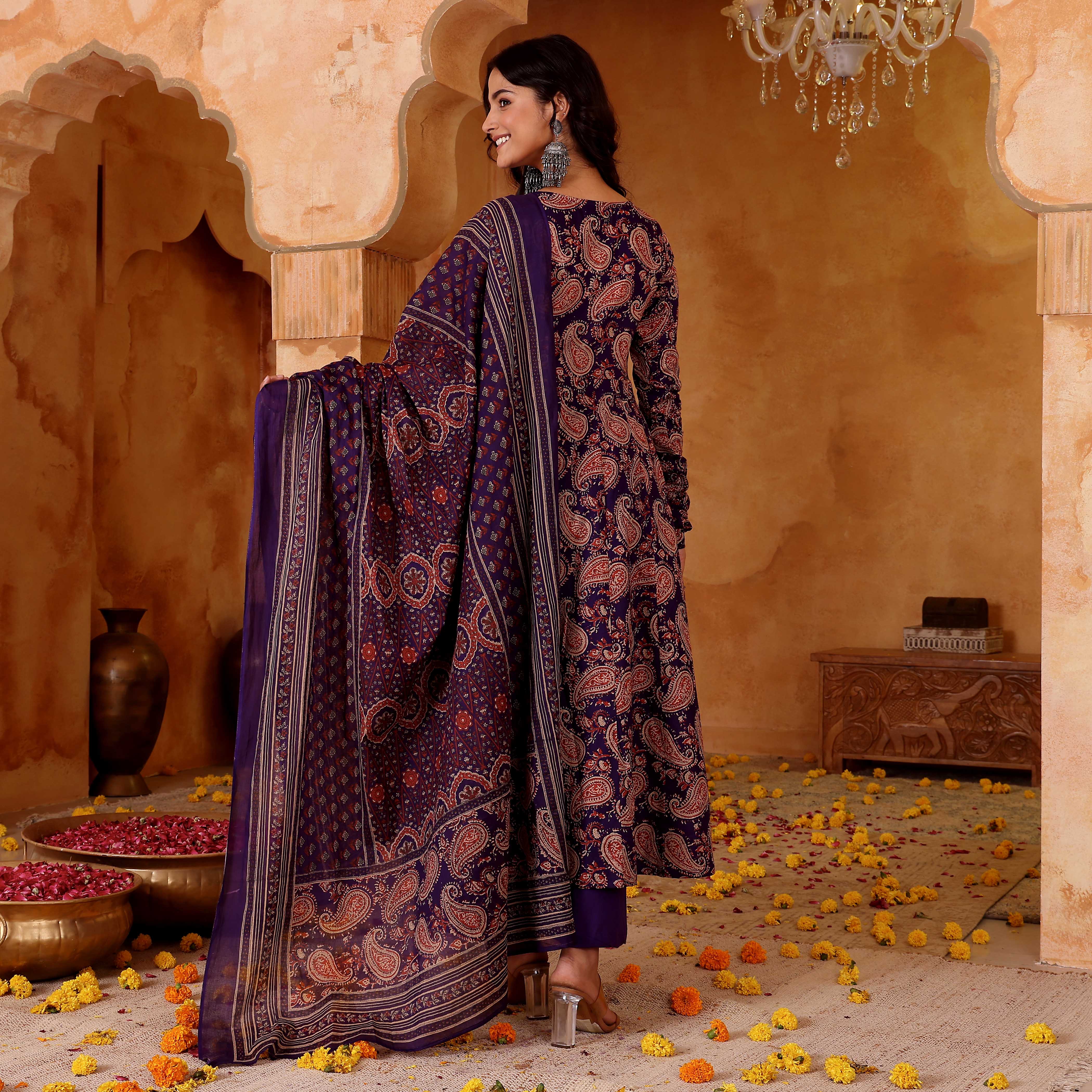 Purple Rayon Blend Kurta Pant Set  Printed