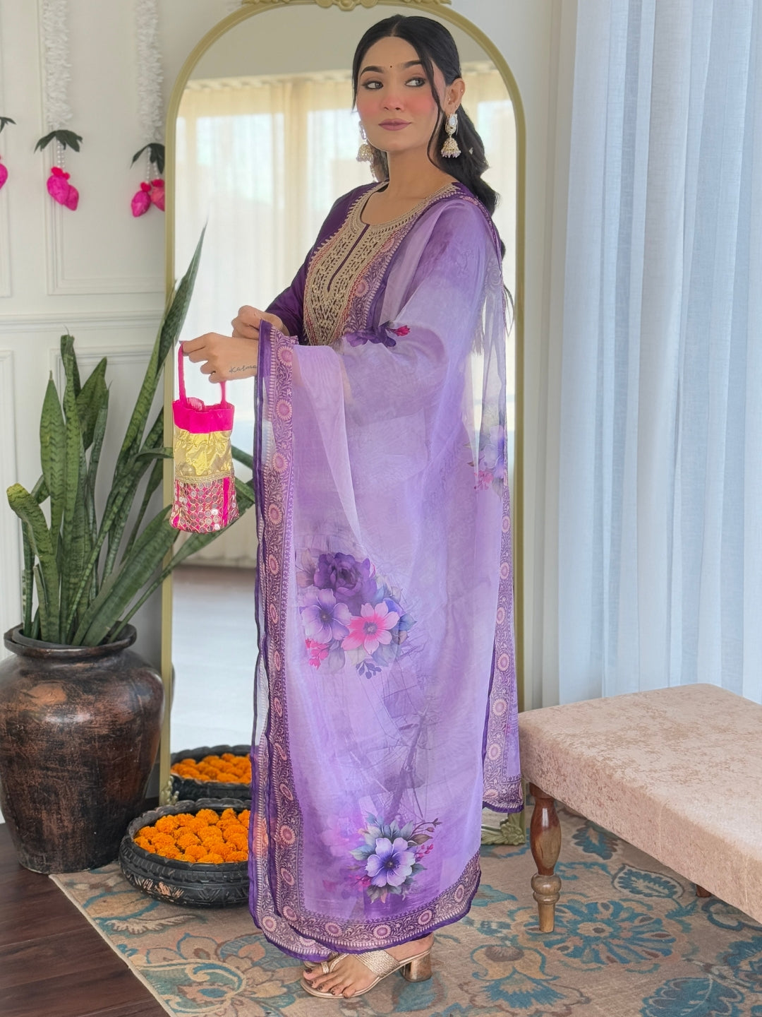 Purple Rayon Elegant Kurta Pant Set With Embroidery Work