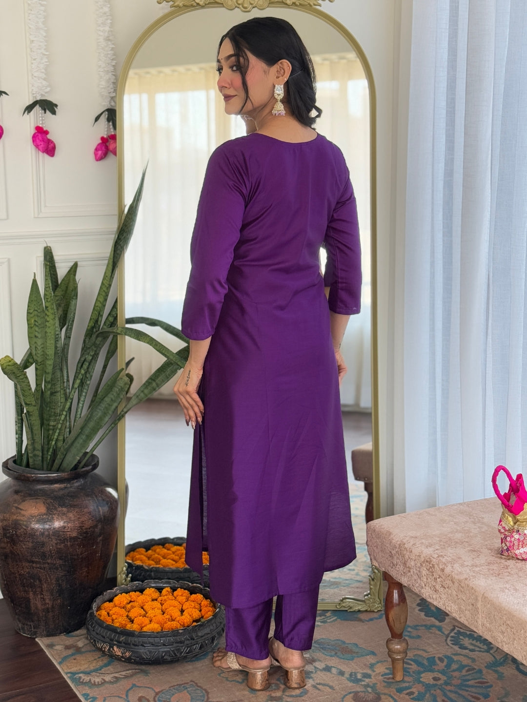Purple Rayon Elegant Kurta Pant Set With Embroidery Work