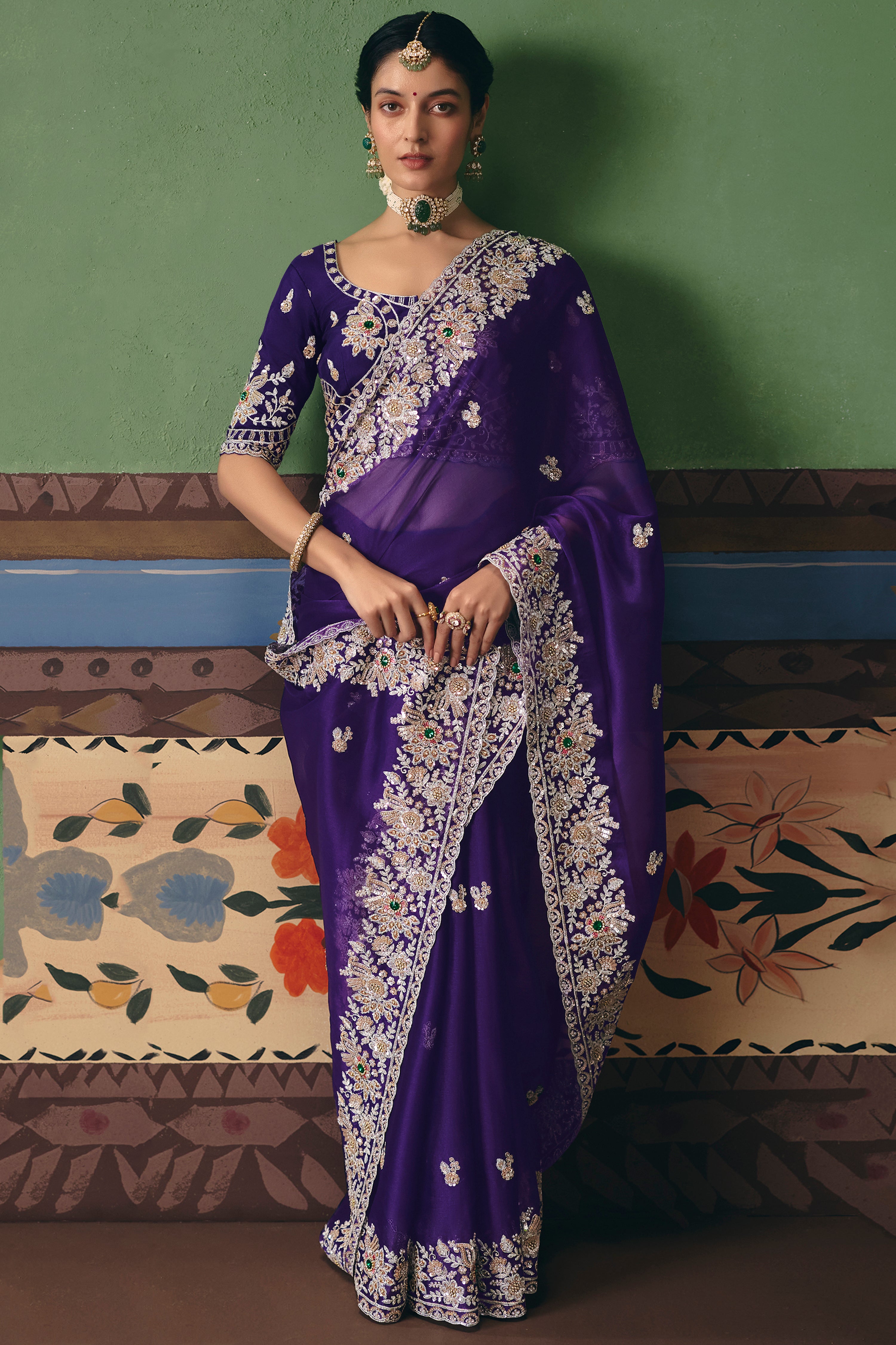 Purple Saree With  Heavy Designer Embroidery, Sequince, Stone, Pearl With Beads Work