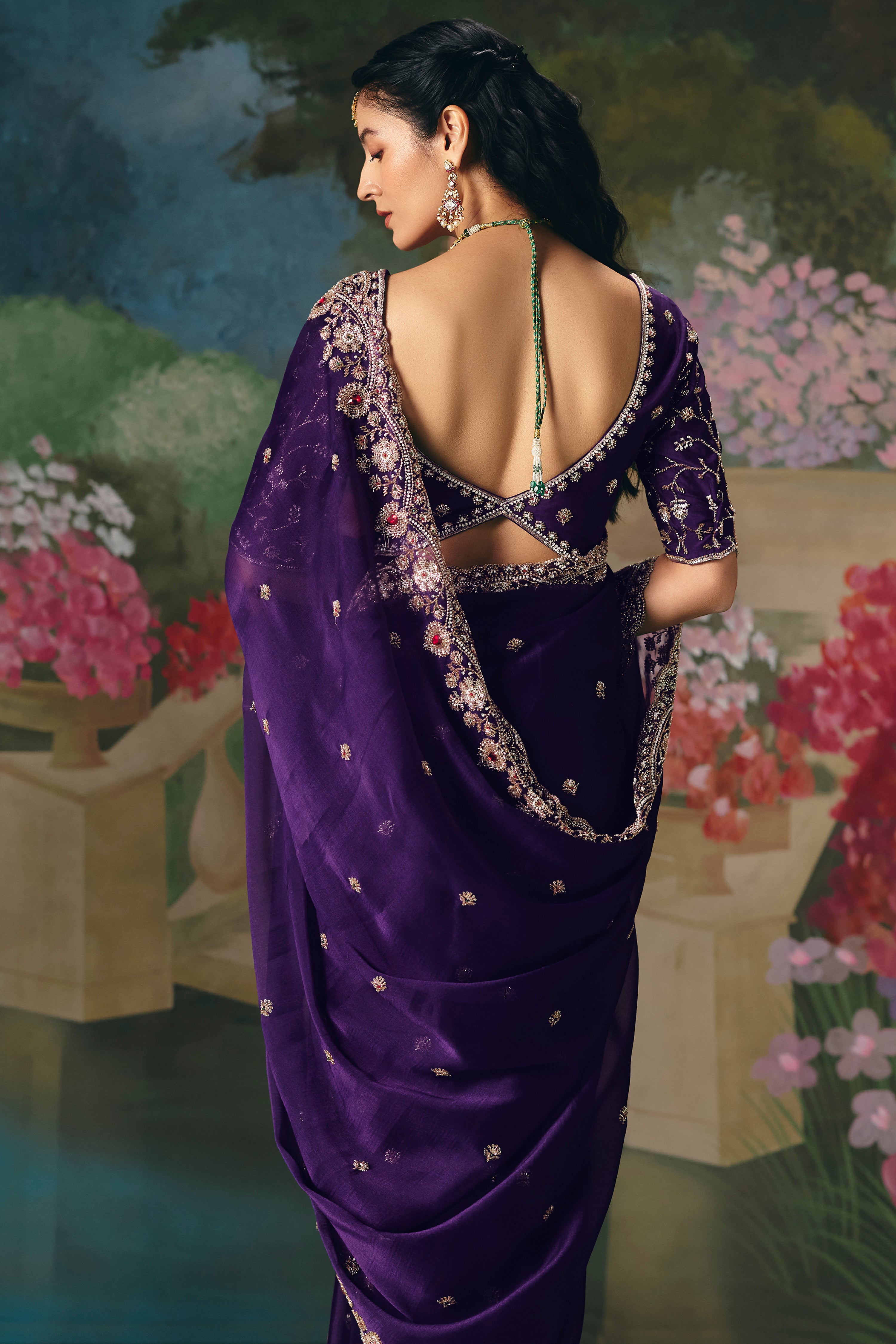 Purple Saree With  Heavy Designer Embroidery, Sequince, Stone, With Beads Work
