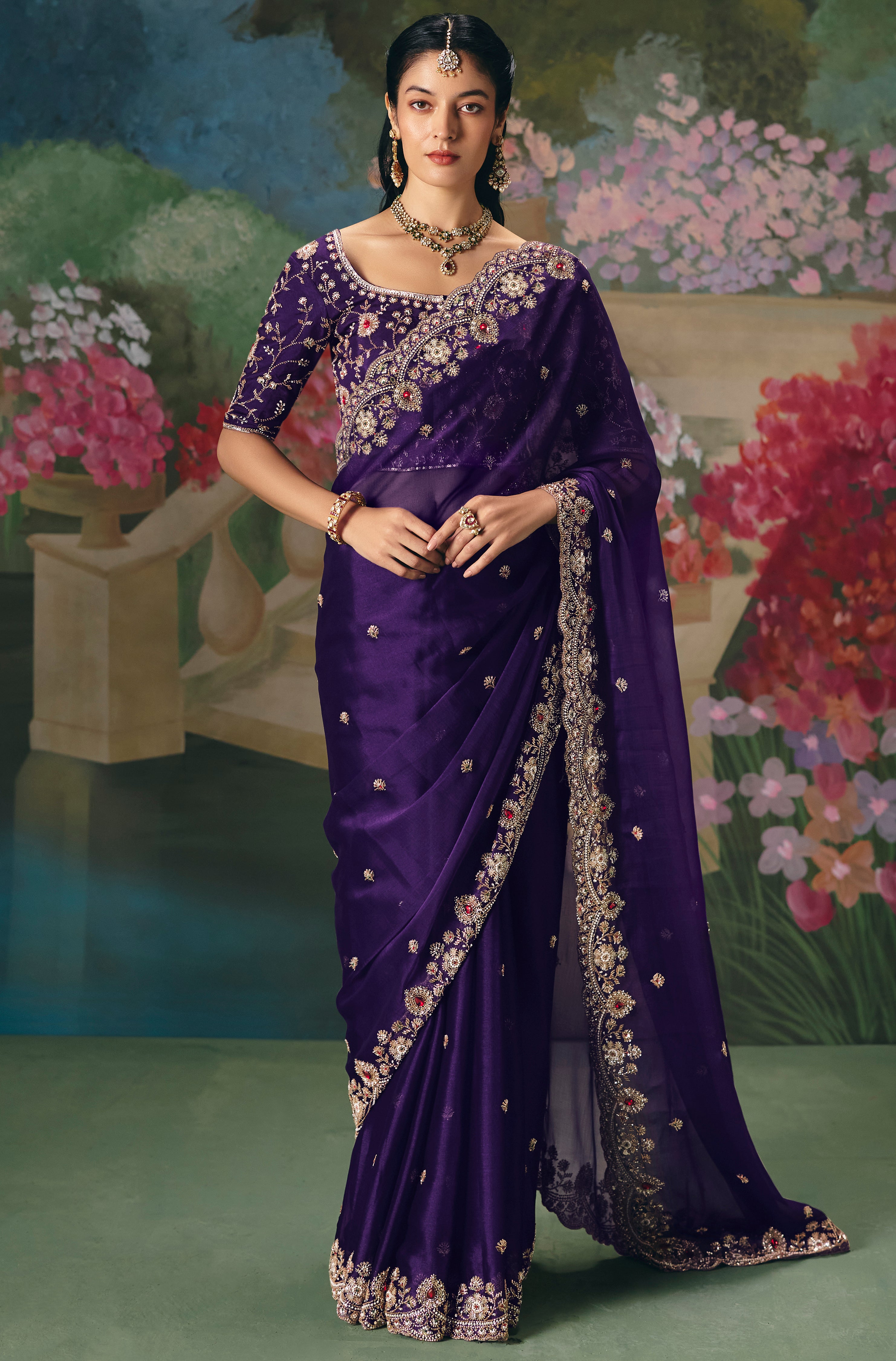 Purple Saree With  Heavy Designer Embroidery, Sequince, Stone, With Beads Work