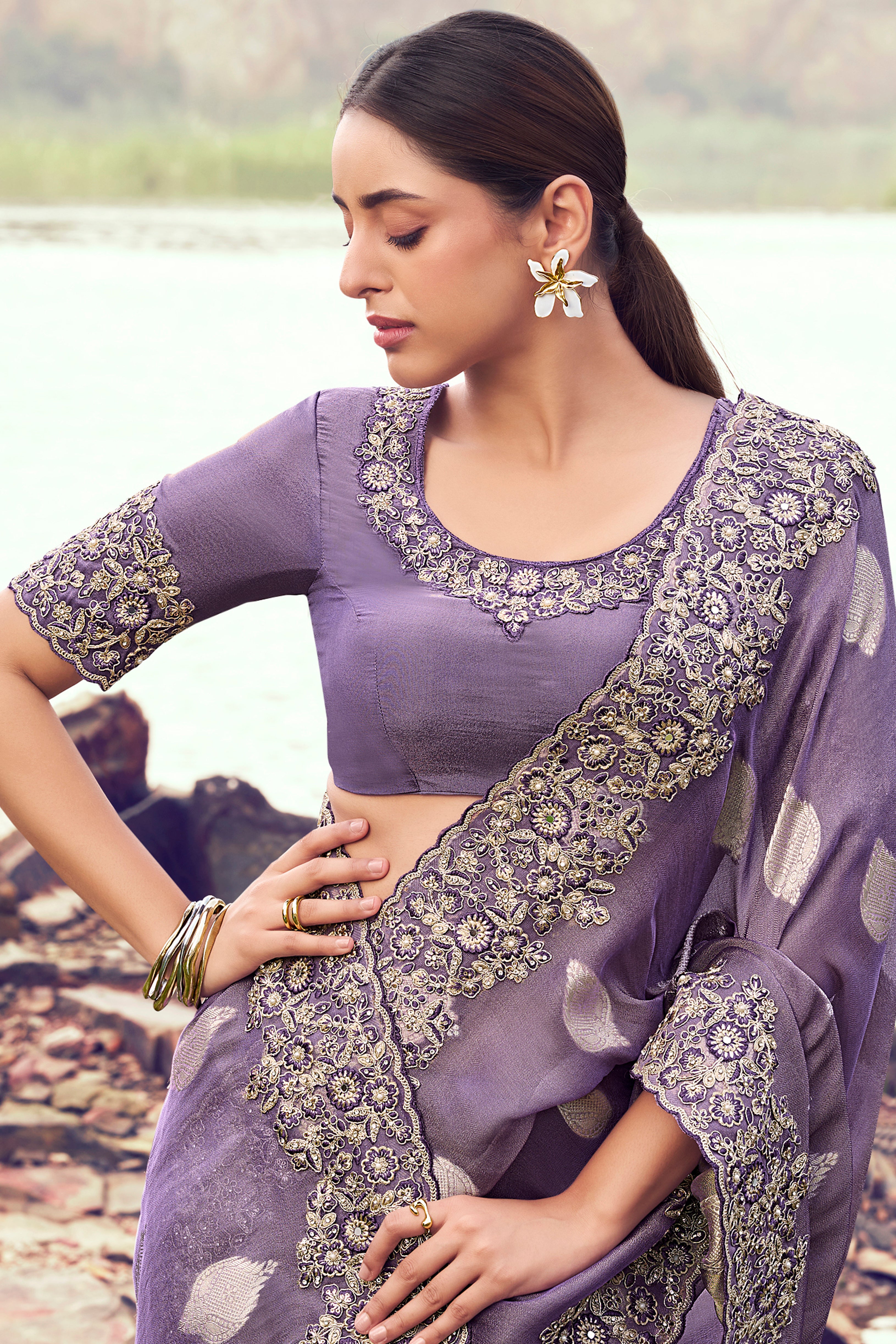 Purple Saree With  Jacquard Woven With Embroidered Border & Blouse