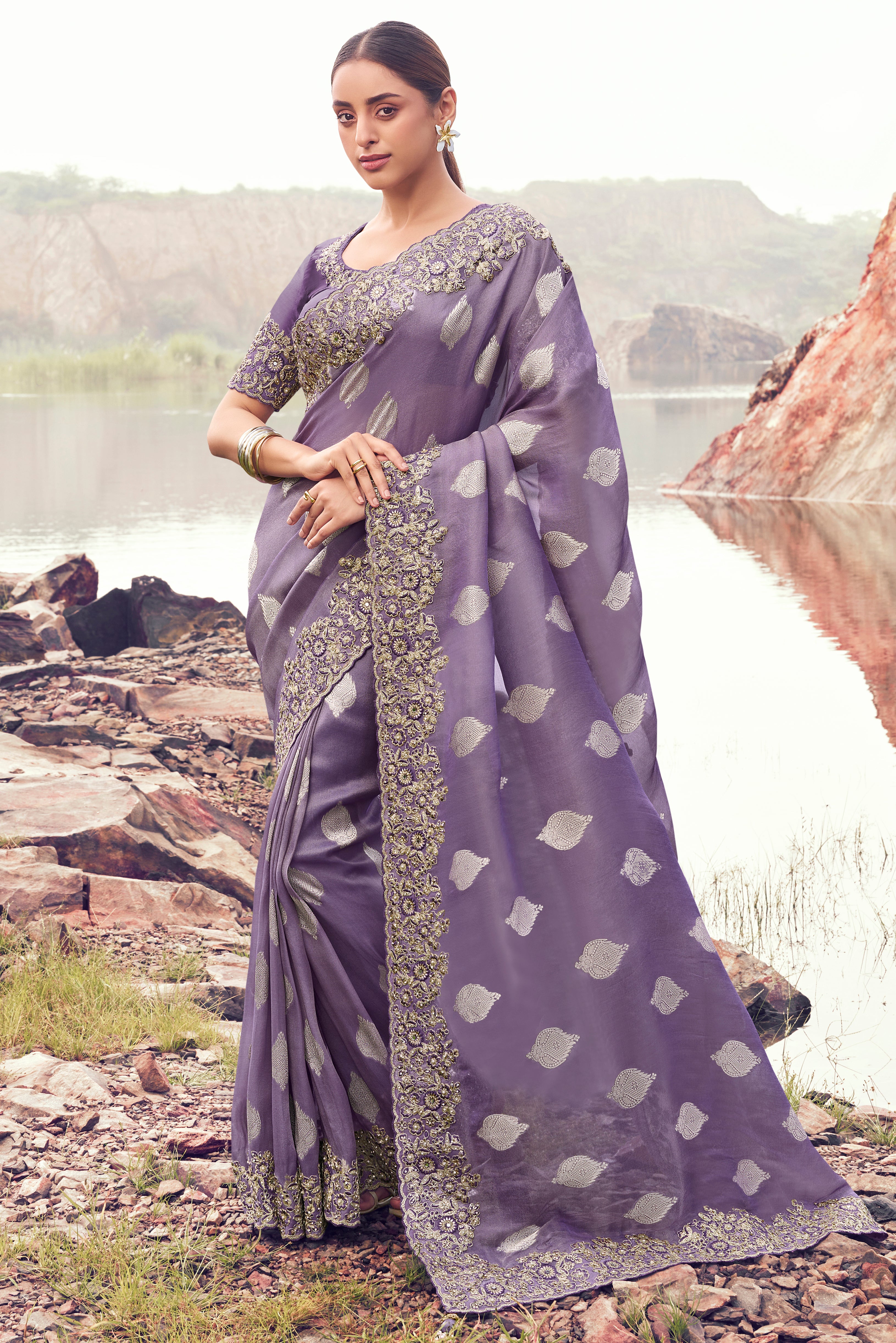 Purple Saree With  Jacquard Woven With Embroidered Border & Blouse