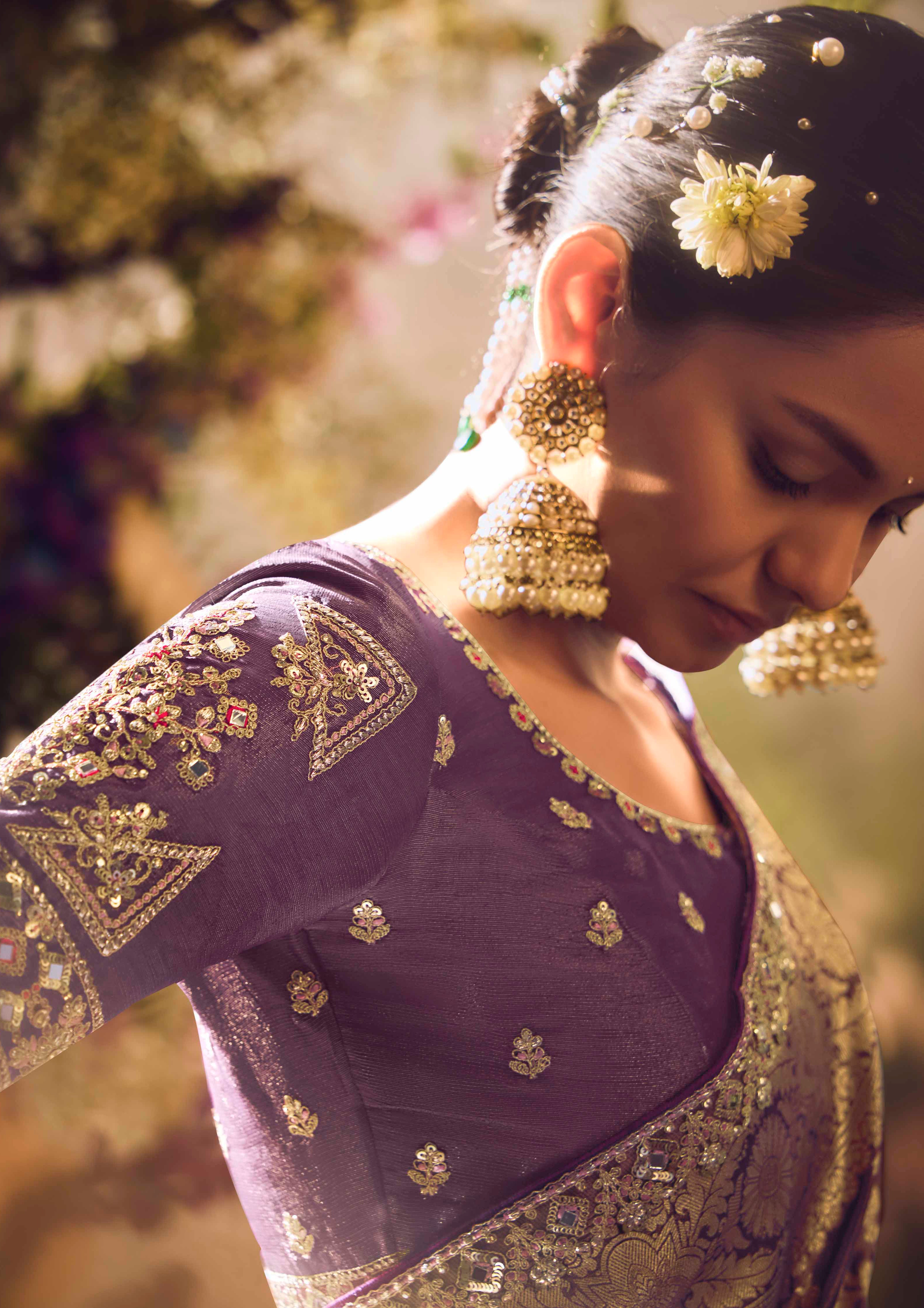 Purple Saree With  Jacquard Woven Work with Embroidered Lace Border