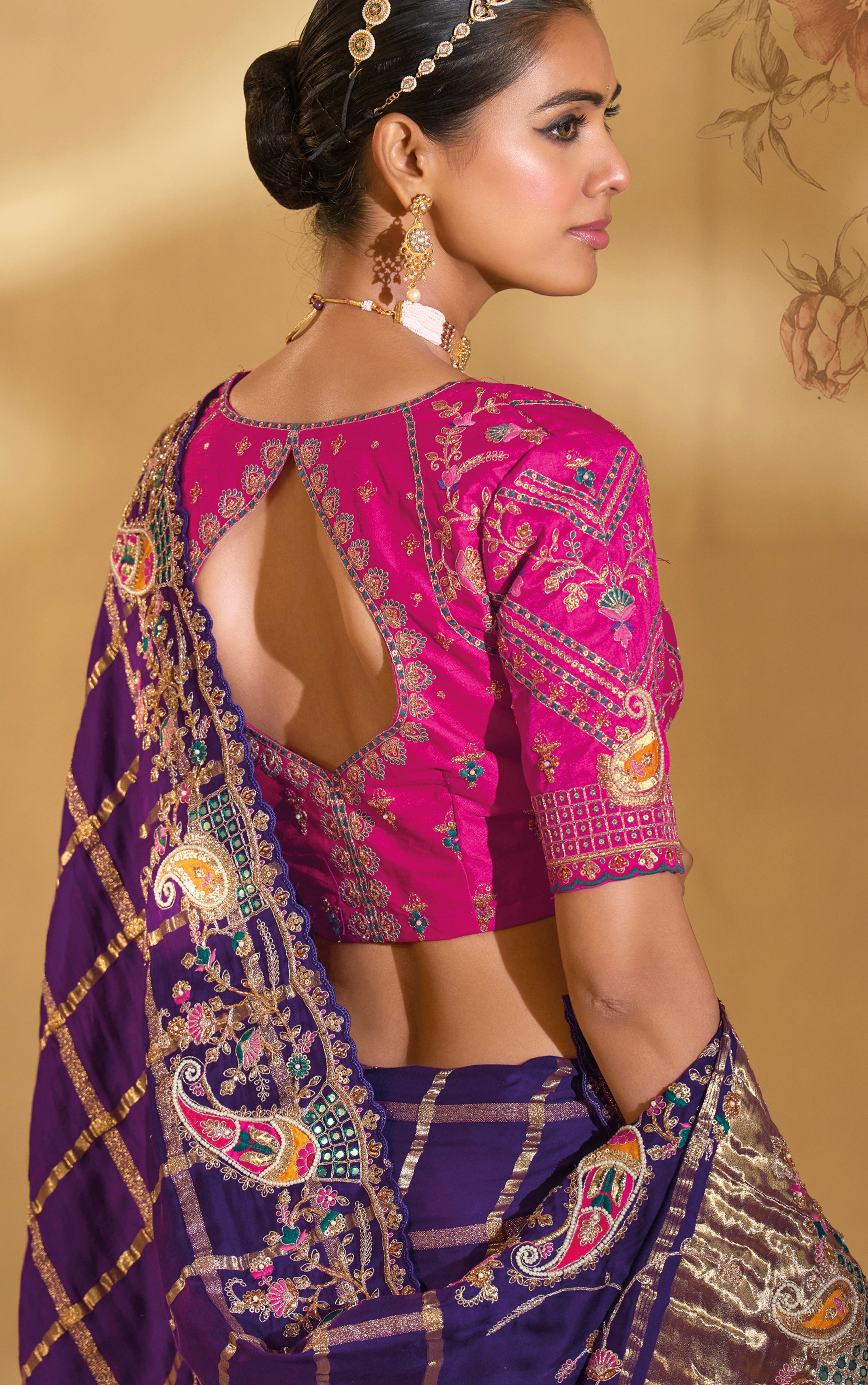 Purple Saree With  Jari, Thread, Moti, Cut-Dana With Mirror Heavy Work