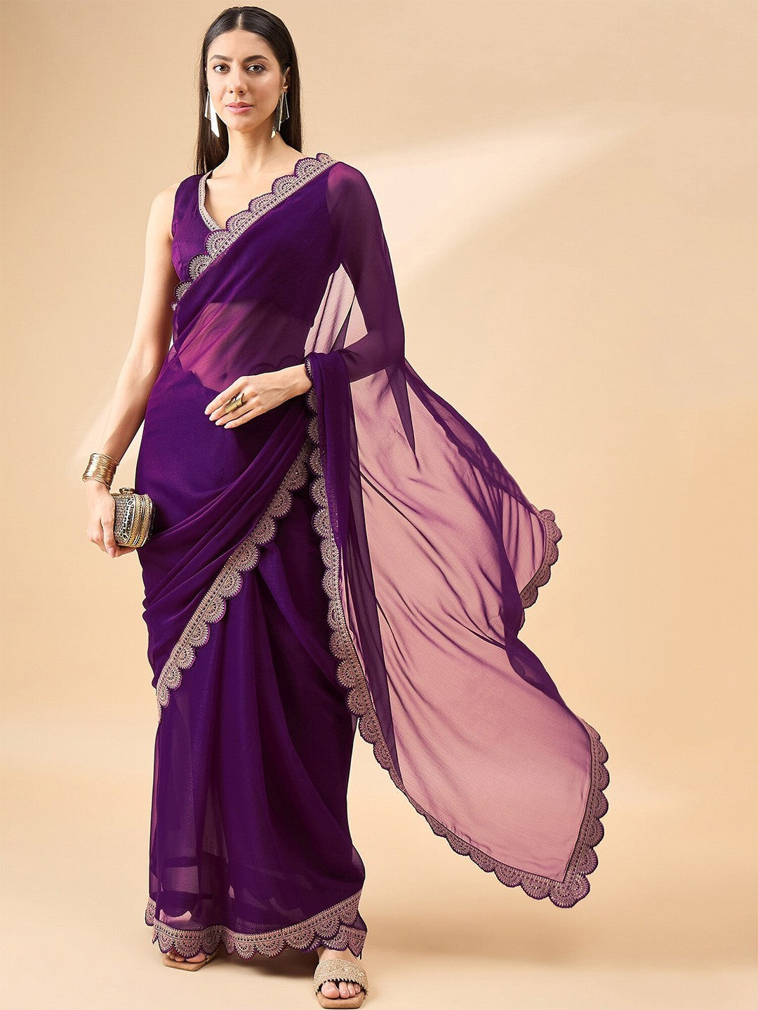 Purple Satin Chiffon Saree With Plain Saree With Embroidery Cut Work Lace