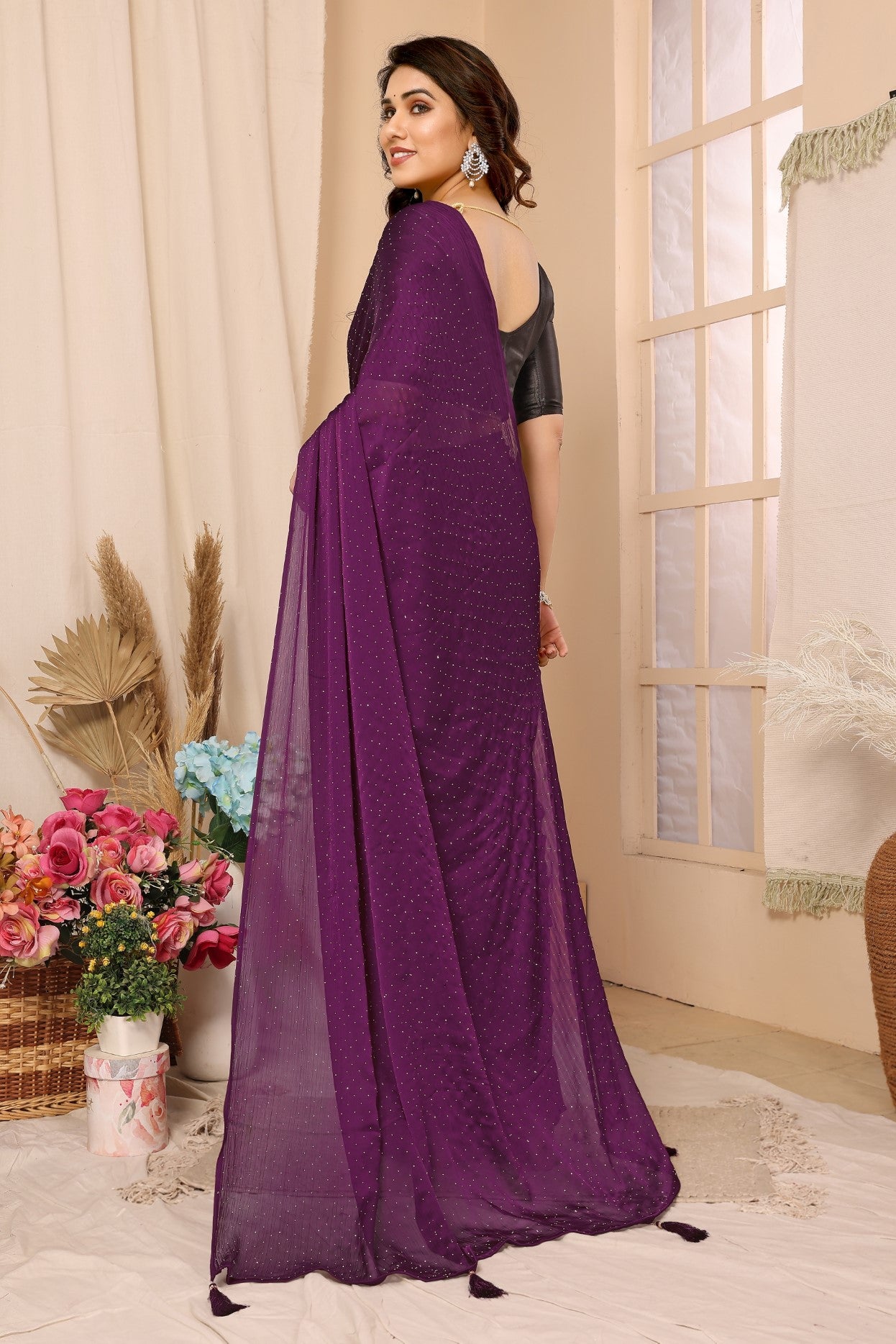 Purple Satin Chiffon Saree With Stone Work Saree And Stone Work Blouse