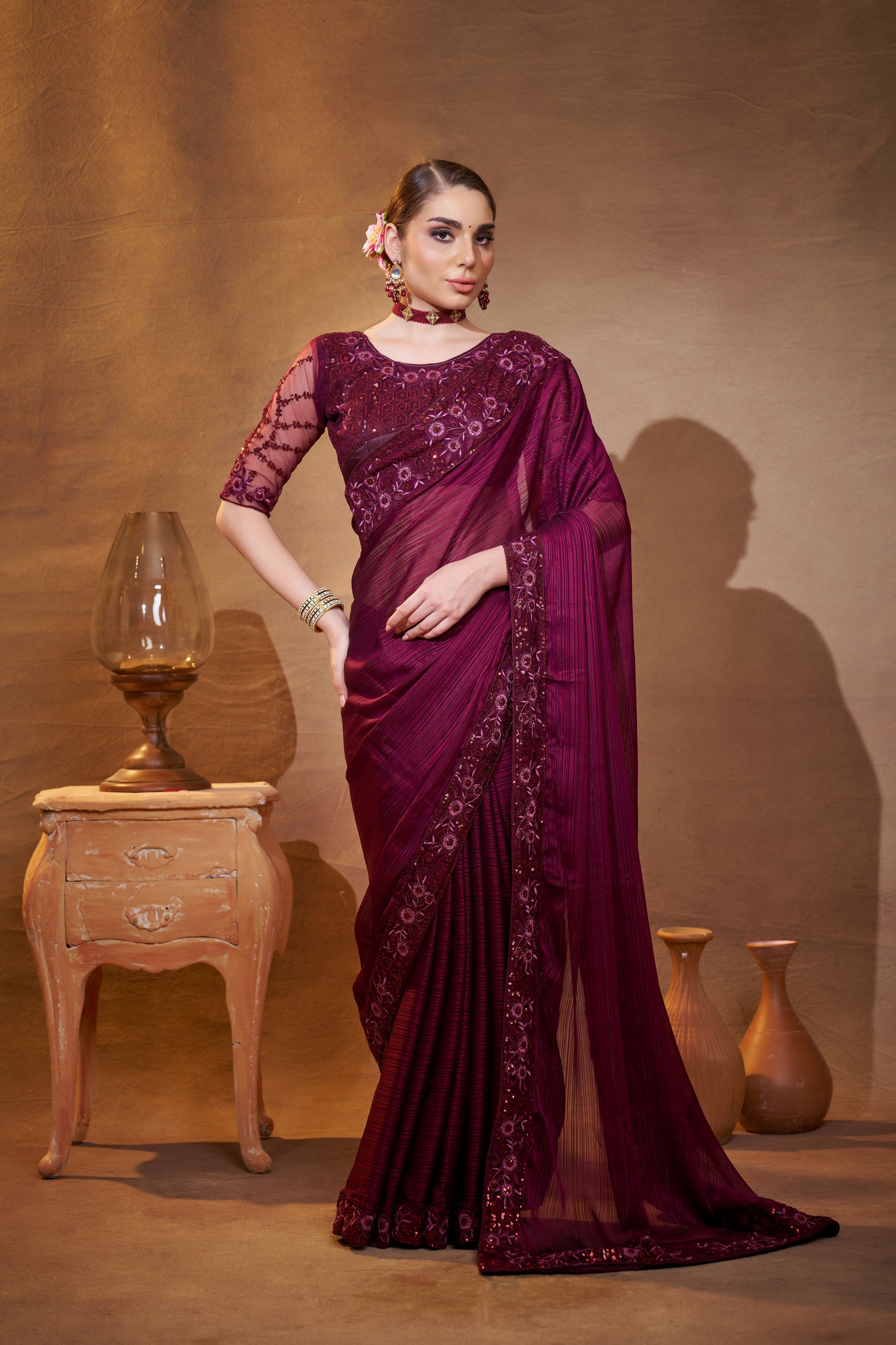 Purple Satin Jacquard Designer Partywear Saree For Rich Indian Looks