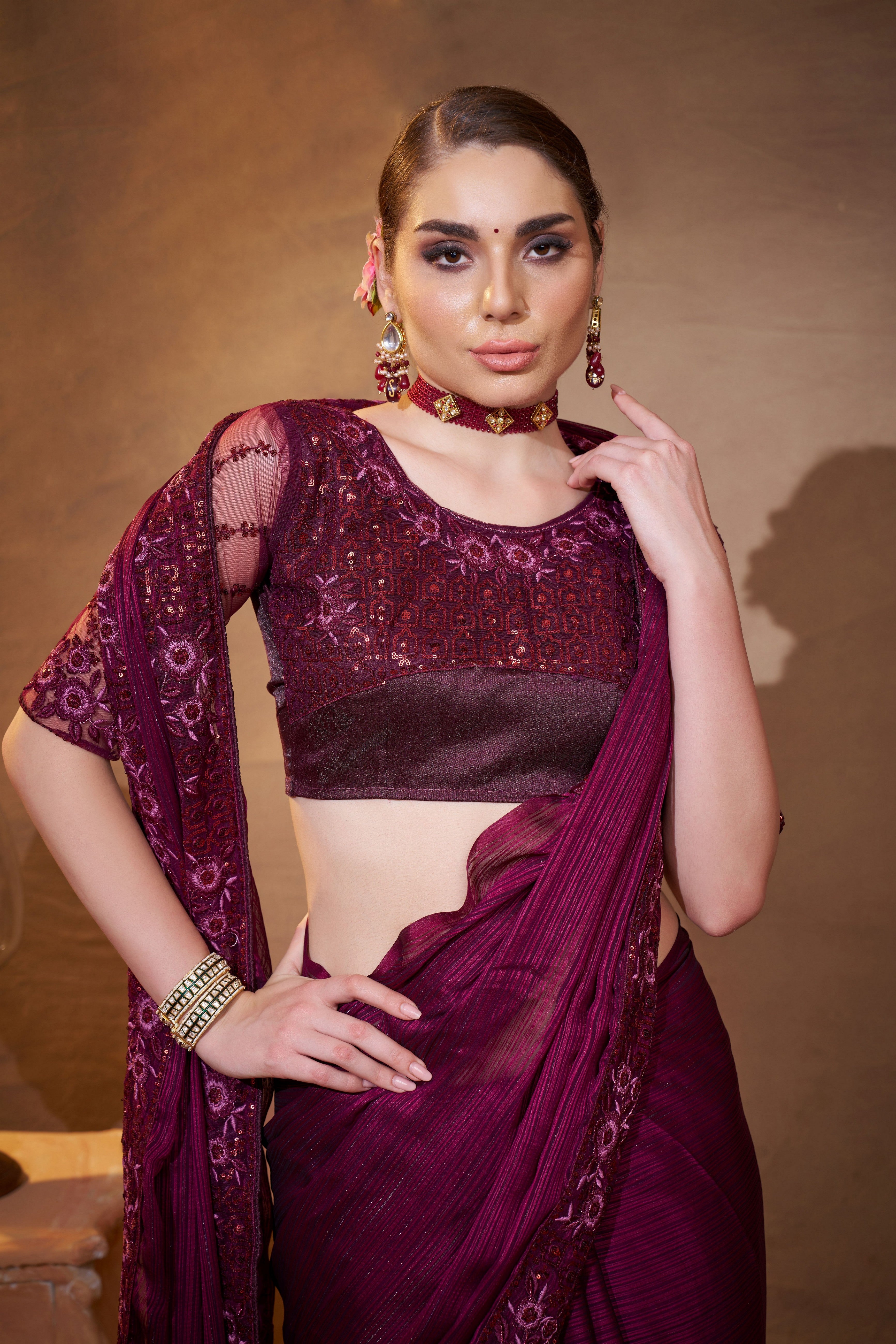 Purple Satin Jacquard Designer Partywear Saree For Rich Indian Looks