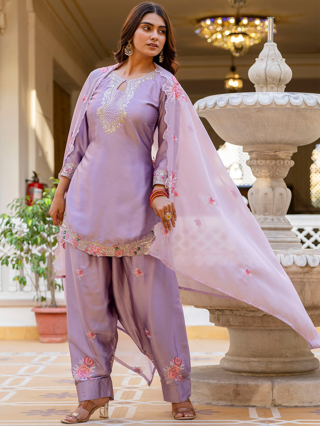 Purple Satin Kurta Patiala Pant Set With Heavy Thread Embroidery Sequins Work