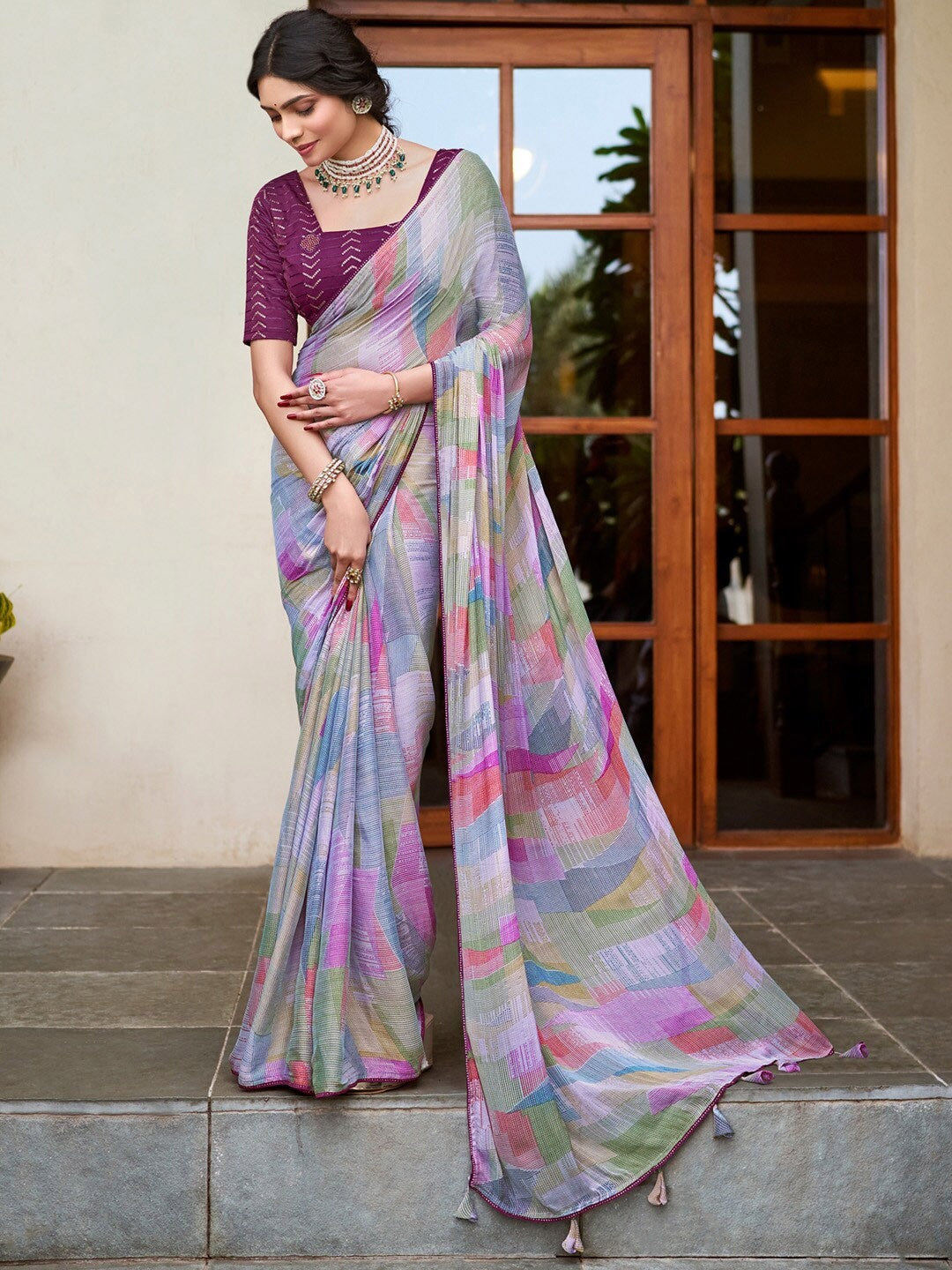 Purple Satin Patti Saree With Printed Saree With Embroidery Work Blouse