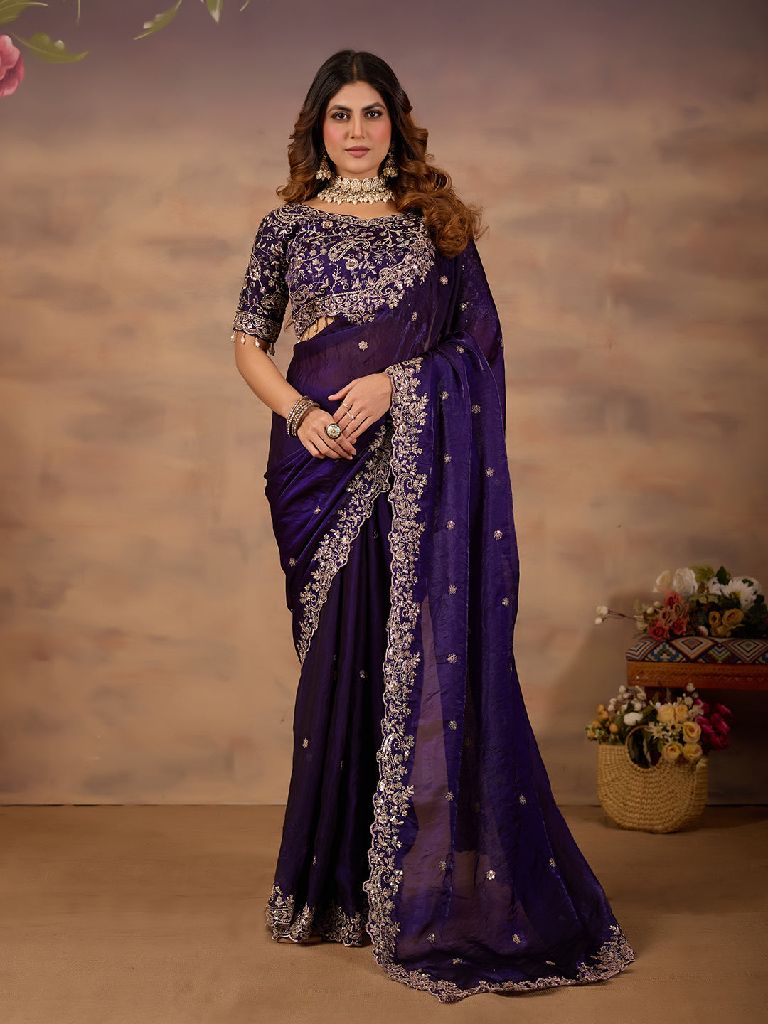 Purple Satin Silk Embroidered Wedding Wear Saree