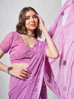 Purple Shimmer Chiffon Fabric Designer Embroidery Work Ceremonial Partywear Saree