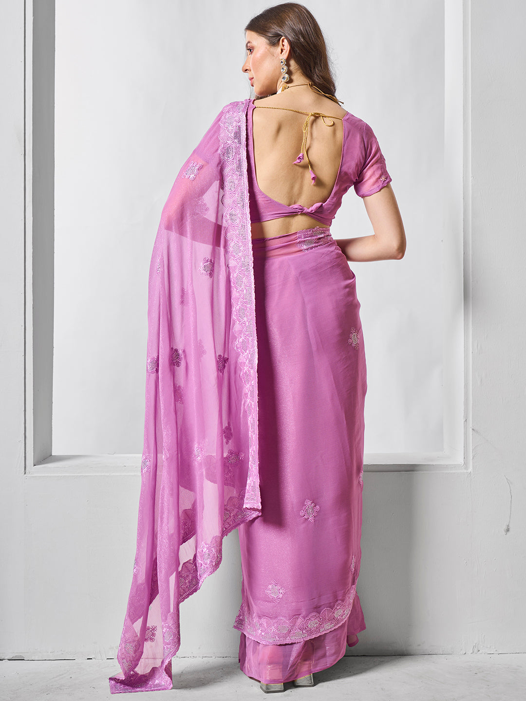 Purple Shimmer Chiffon Fabric Designer Embroidery Work Ceremonial Partywear Saree
