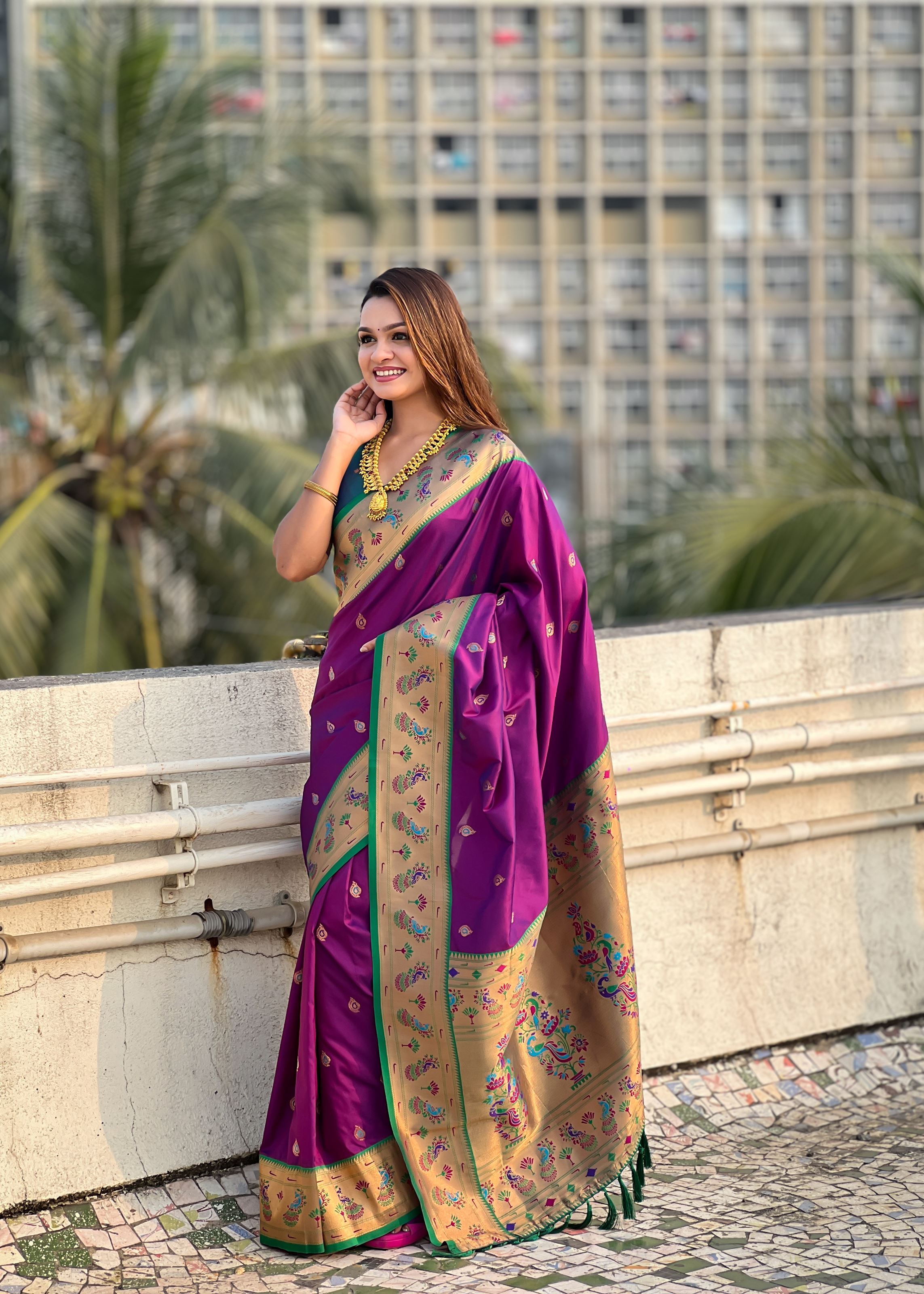 Purple Silk Blend Paithani Saree