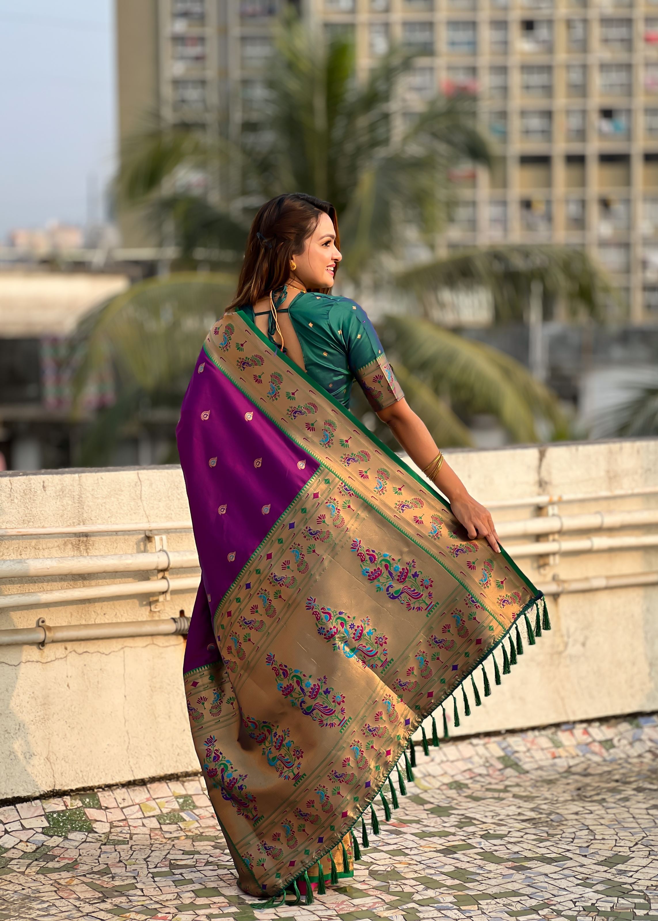 Purple Silk Blend Paithani Saree