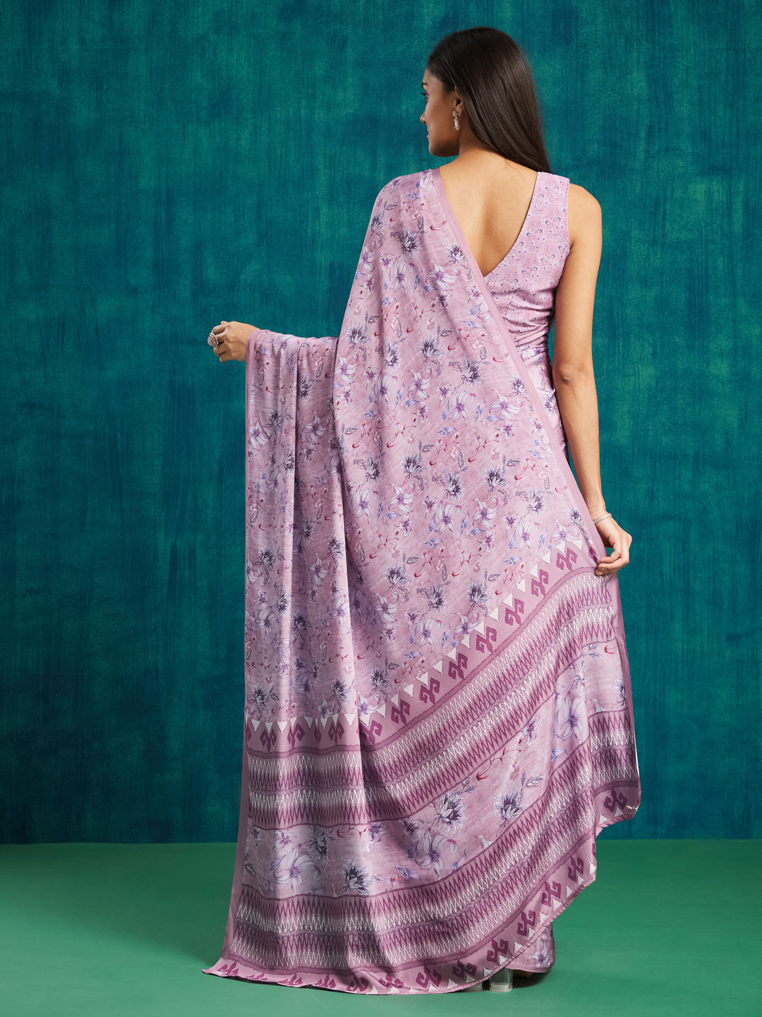 Purple Silk Crepe Designer Printed Ready To Wear Saree