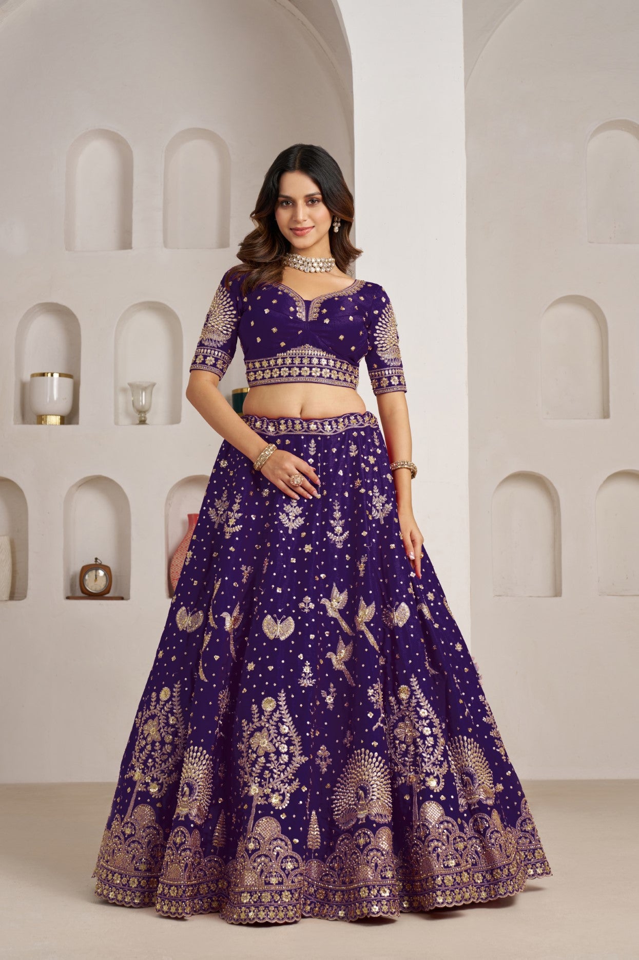 Purple Silk Floral & Bird Embroidered Luxury Lehenga Choli