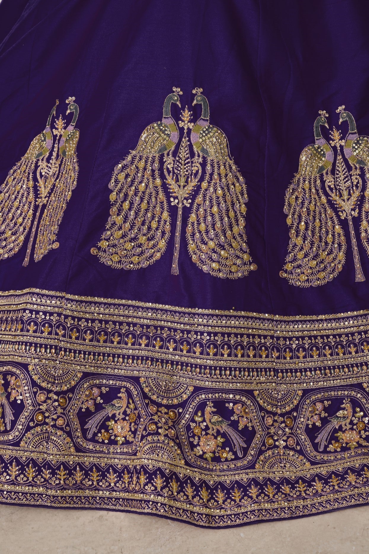 Purple Silk Peacock Motif Embroidered Wedding Lehenga Choli