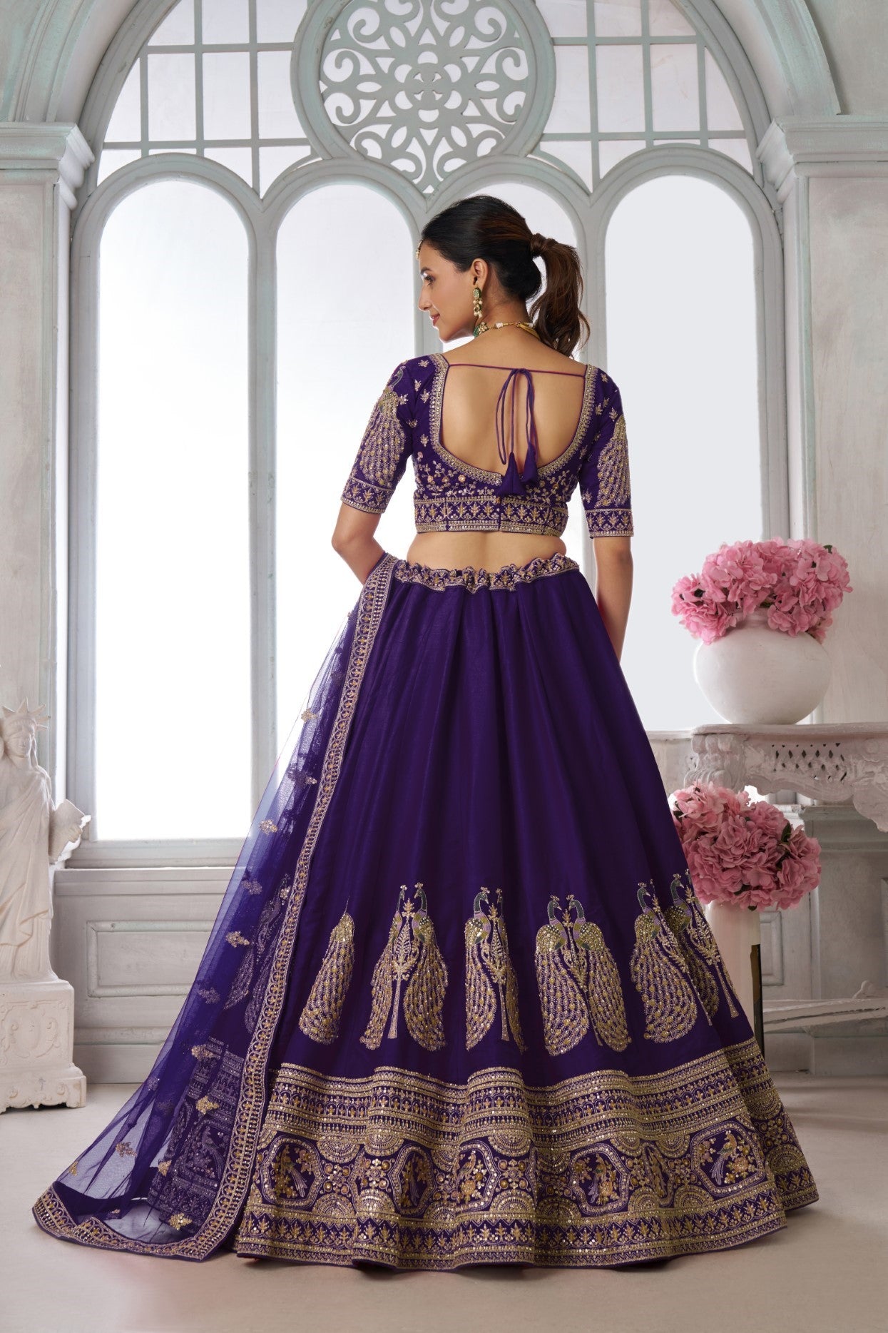 Purple Silk Peacock Motif Embroidered Wedding Lehenga Choli