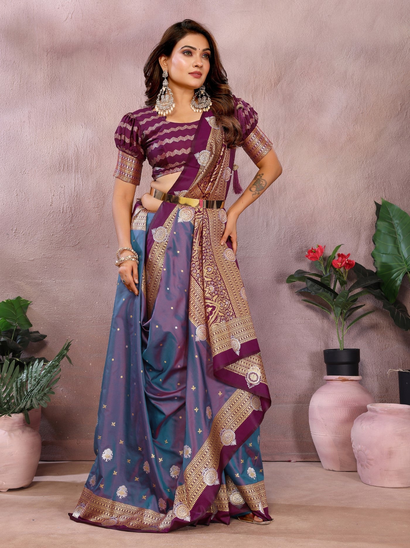 Purple Silk Sarees Saree With Traditional Weaving