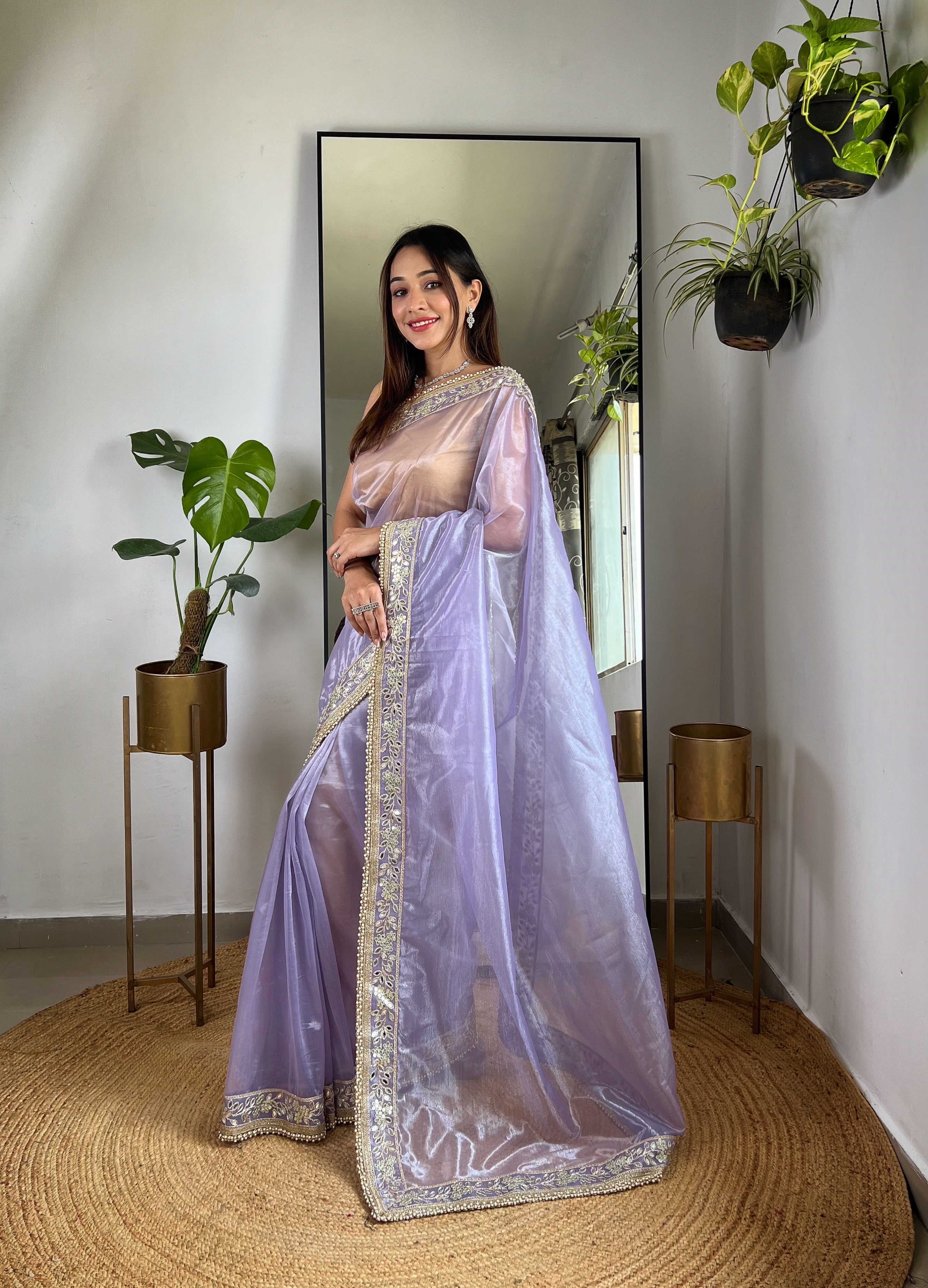 Purple Silver Tissue Silk Beautiful Sequins And Jari Embroidery Work Saree