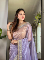 Purple Silver Tissue Silk Beautiful Sequins And Jari Embroidery Work Saree
