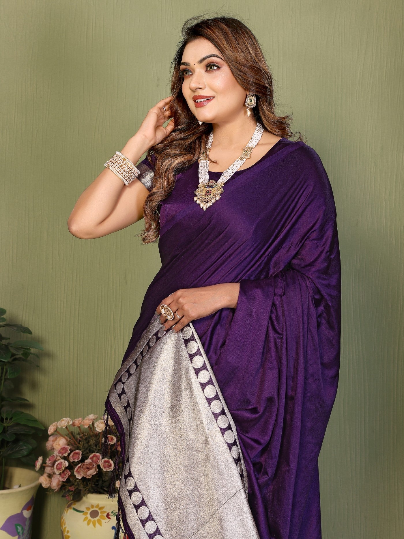 Purple Soft Satin Silk Saree With Elegant Zari Weaving