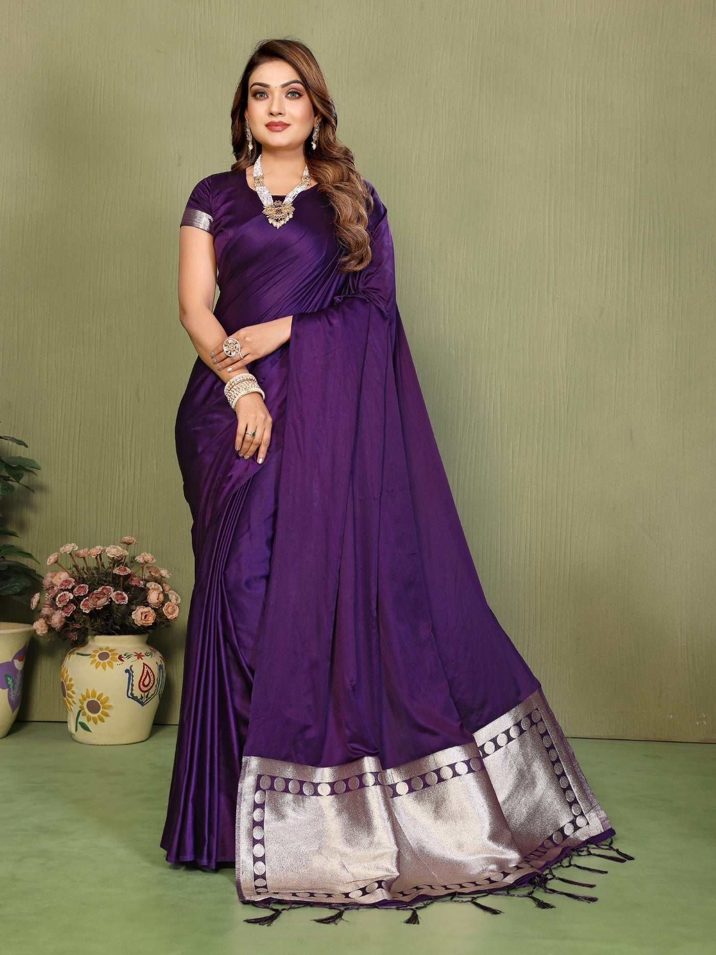 Purple Soft Satin Silk Saree With Elegant Zari Weaving
