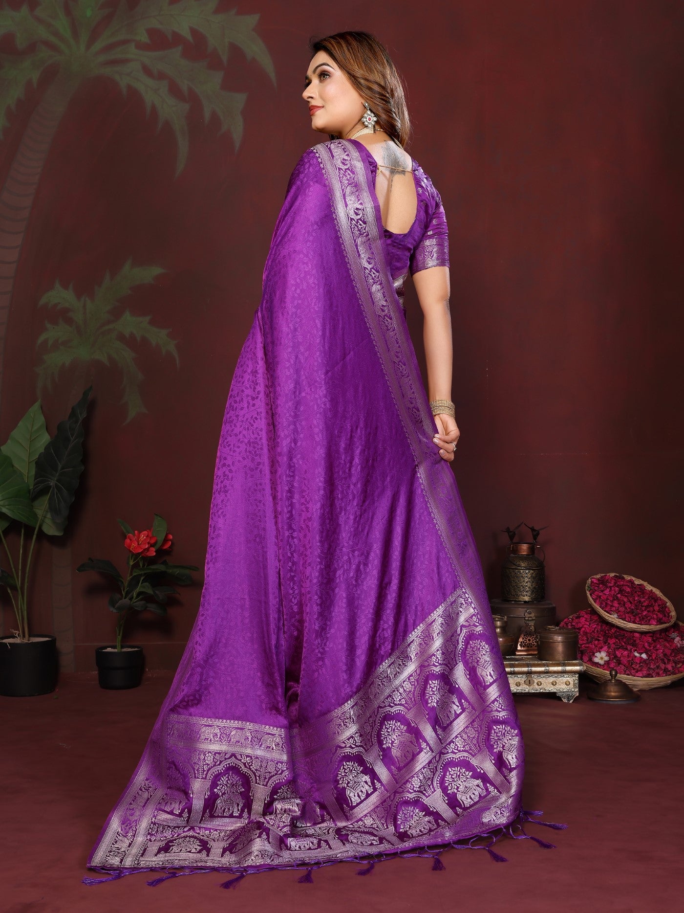Purple Soft Satin Silk Saree With Traditional Zari Weaving