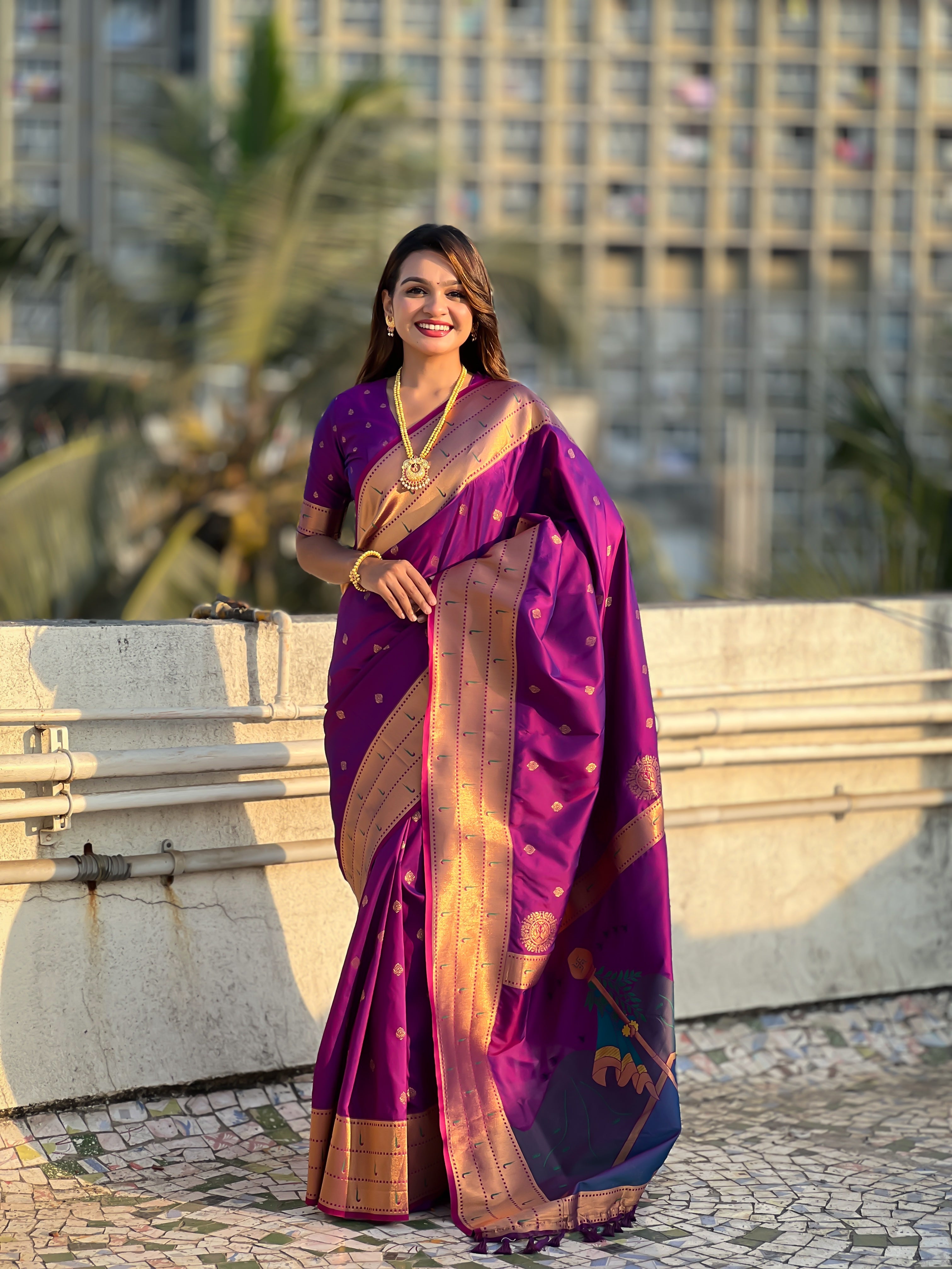 Purple Soft Silk Weaving Figure Pallu Designer Ceremonial Saree