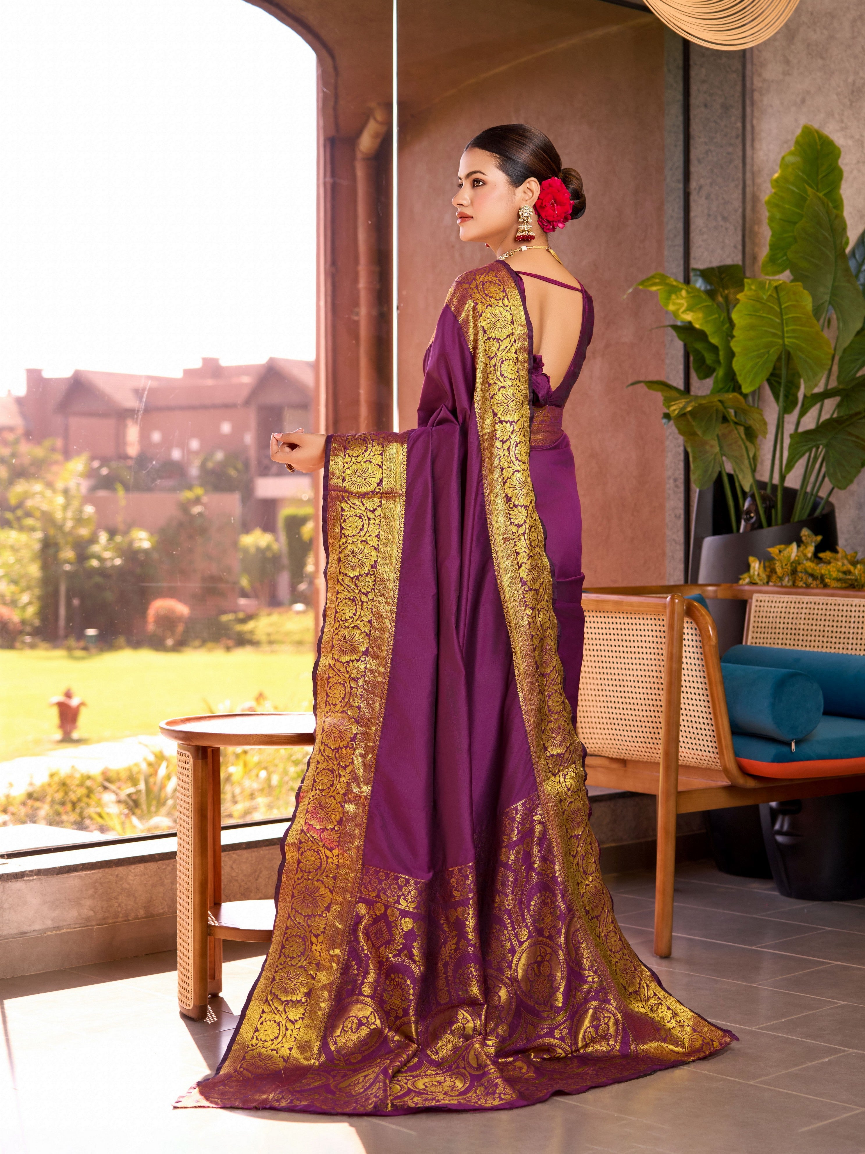 Purple Soft Silk Woven Jari Designer Heavy Partywear Saree