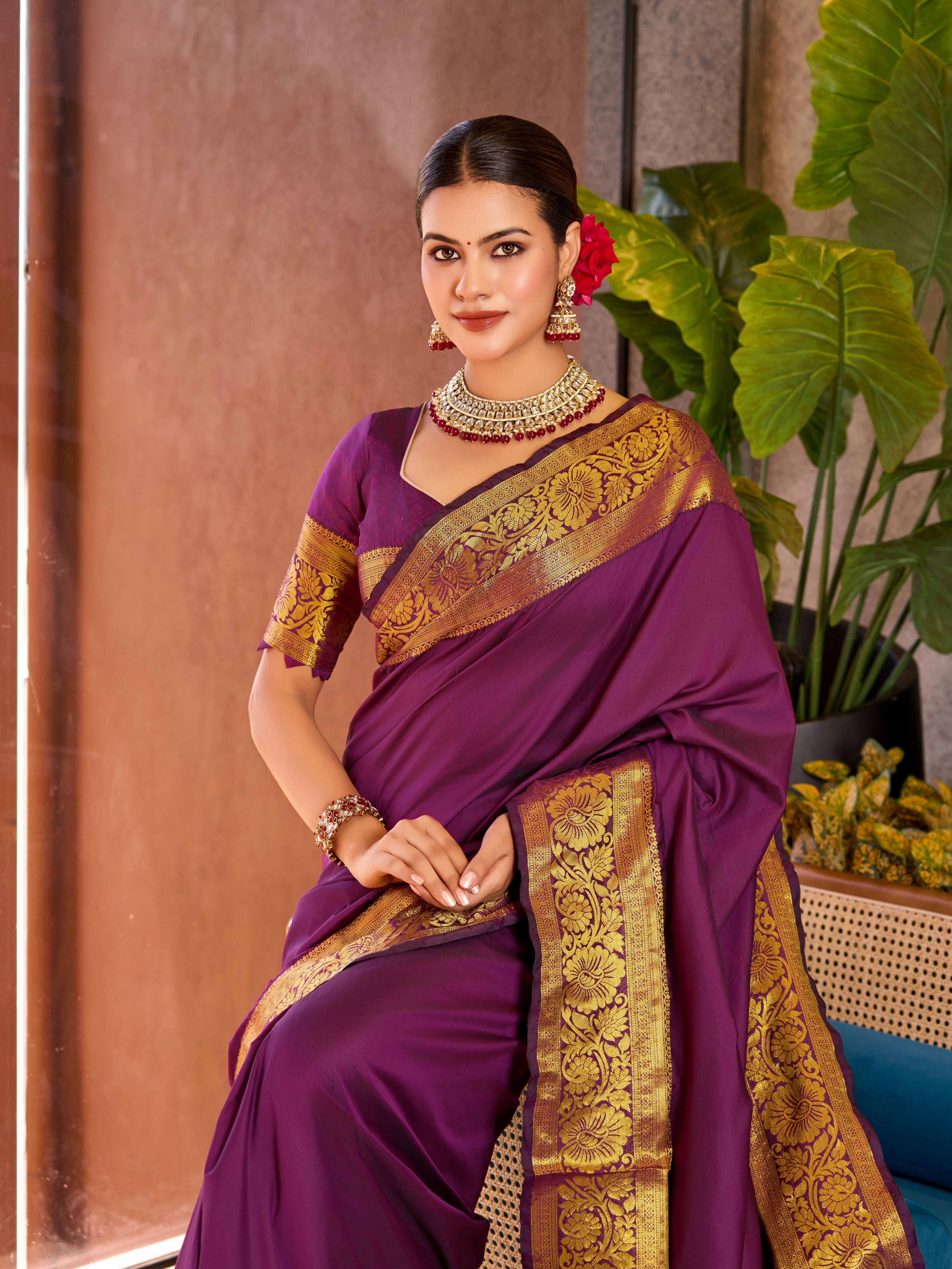 Purple Soft Silk Woven Jari Designer Heavy Partywear Saree