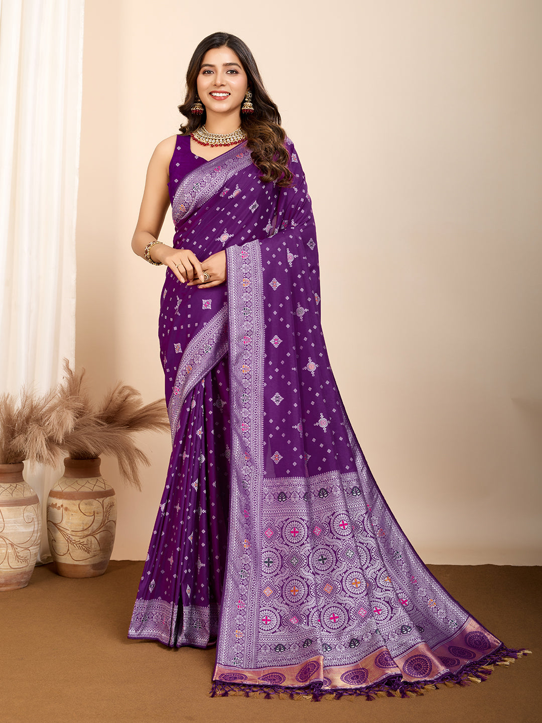 Purple Soft Silk Woven Meenakari Designer Ethnic Saree