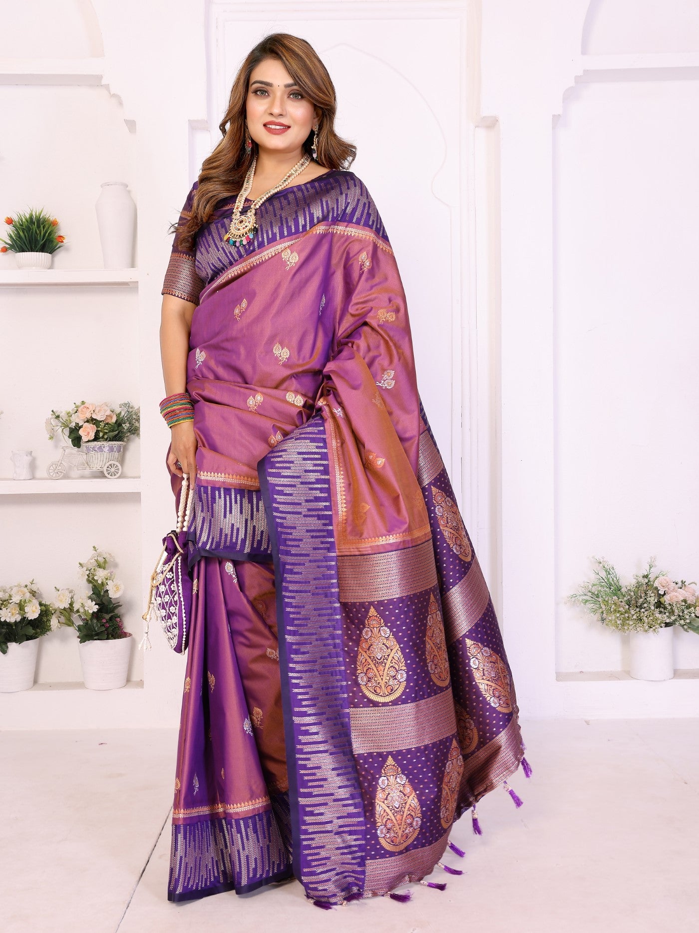 Purple South Soft Silk Saree With Traditional Zari Weaving