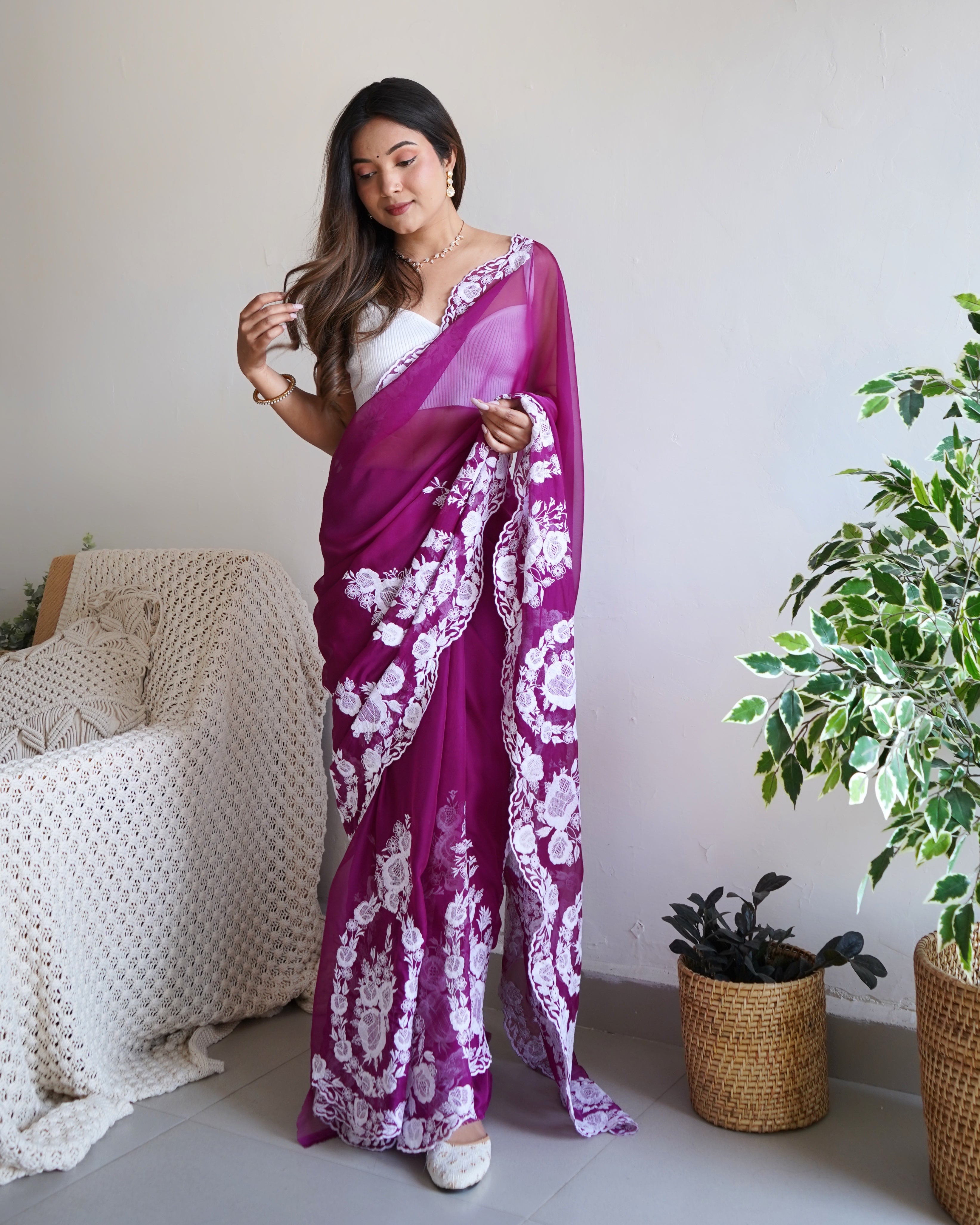 Purple Thai Organza Silk Fancy Thread Embroidery With Cut Dana Work Saree