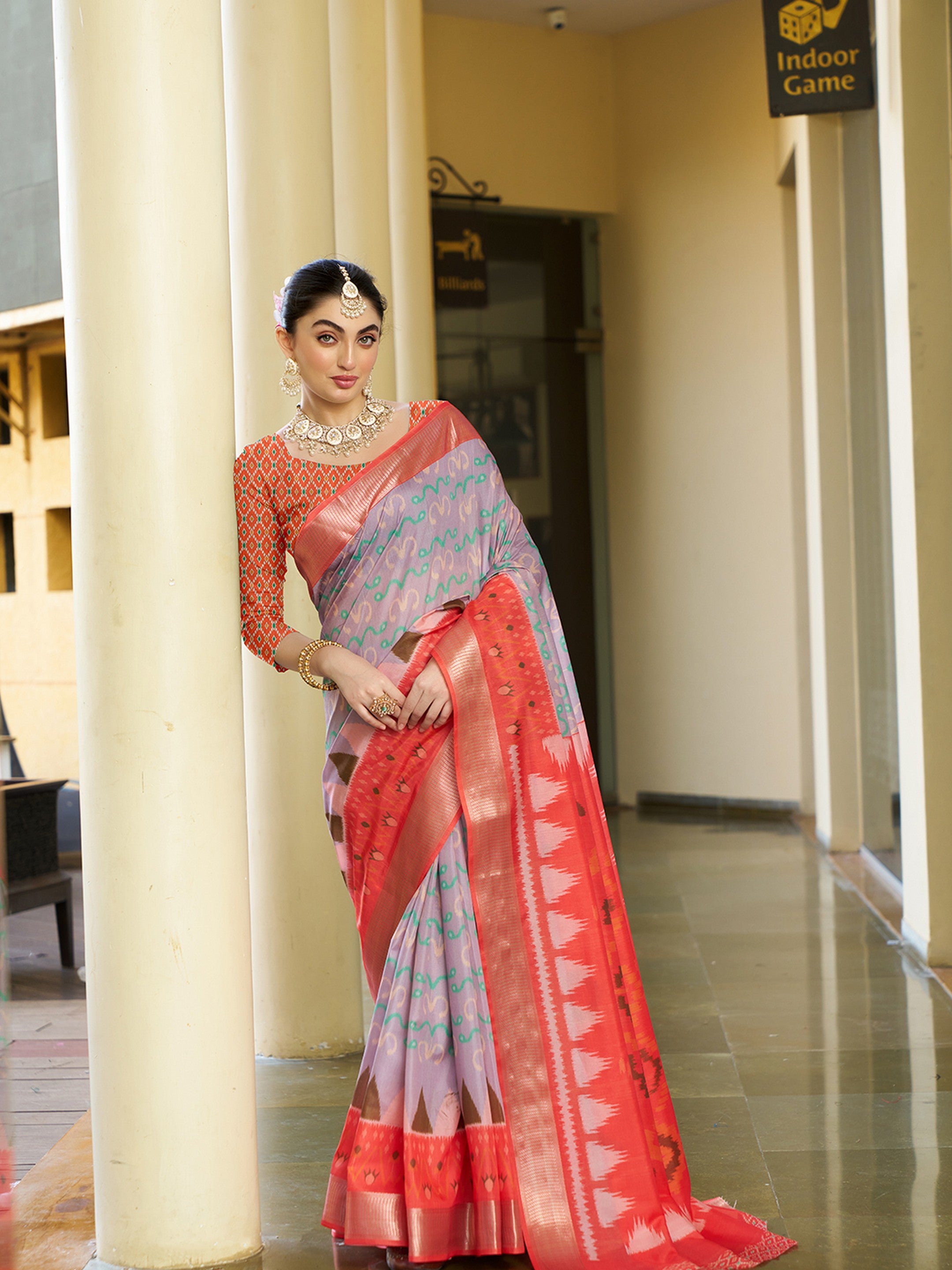 Purple Trendy Crepe Saree With Woven Zari Patta And Designer Print Work