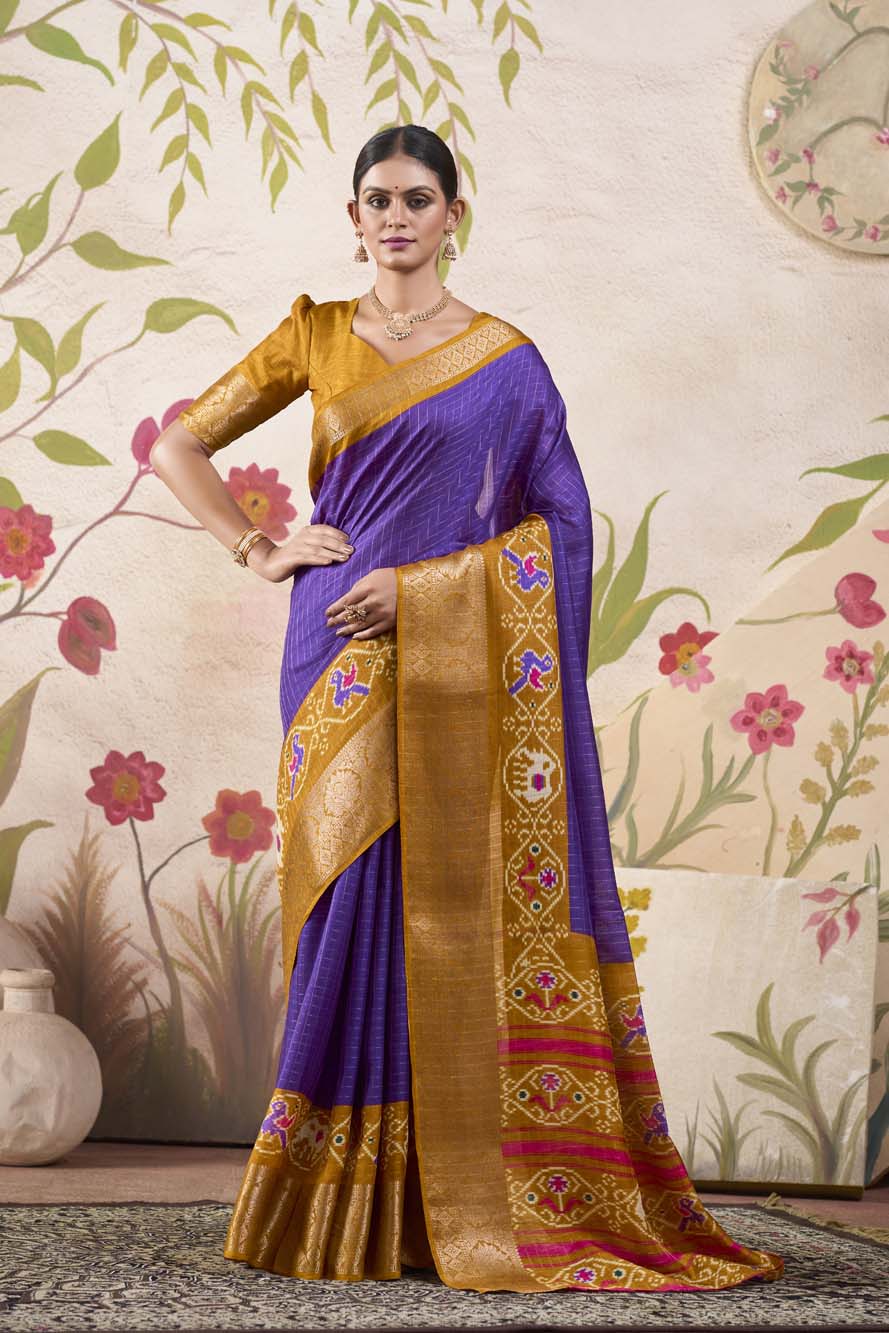 Purple Tussar Chex Saree with Patola Print & Weaving Border