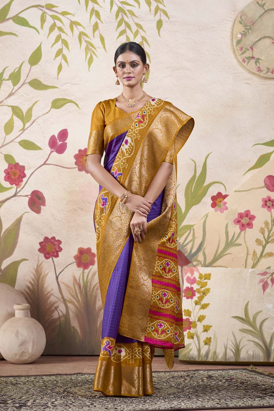 Purple Tussar Chex Saree with Patola Print & Weaving Border