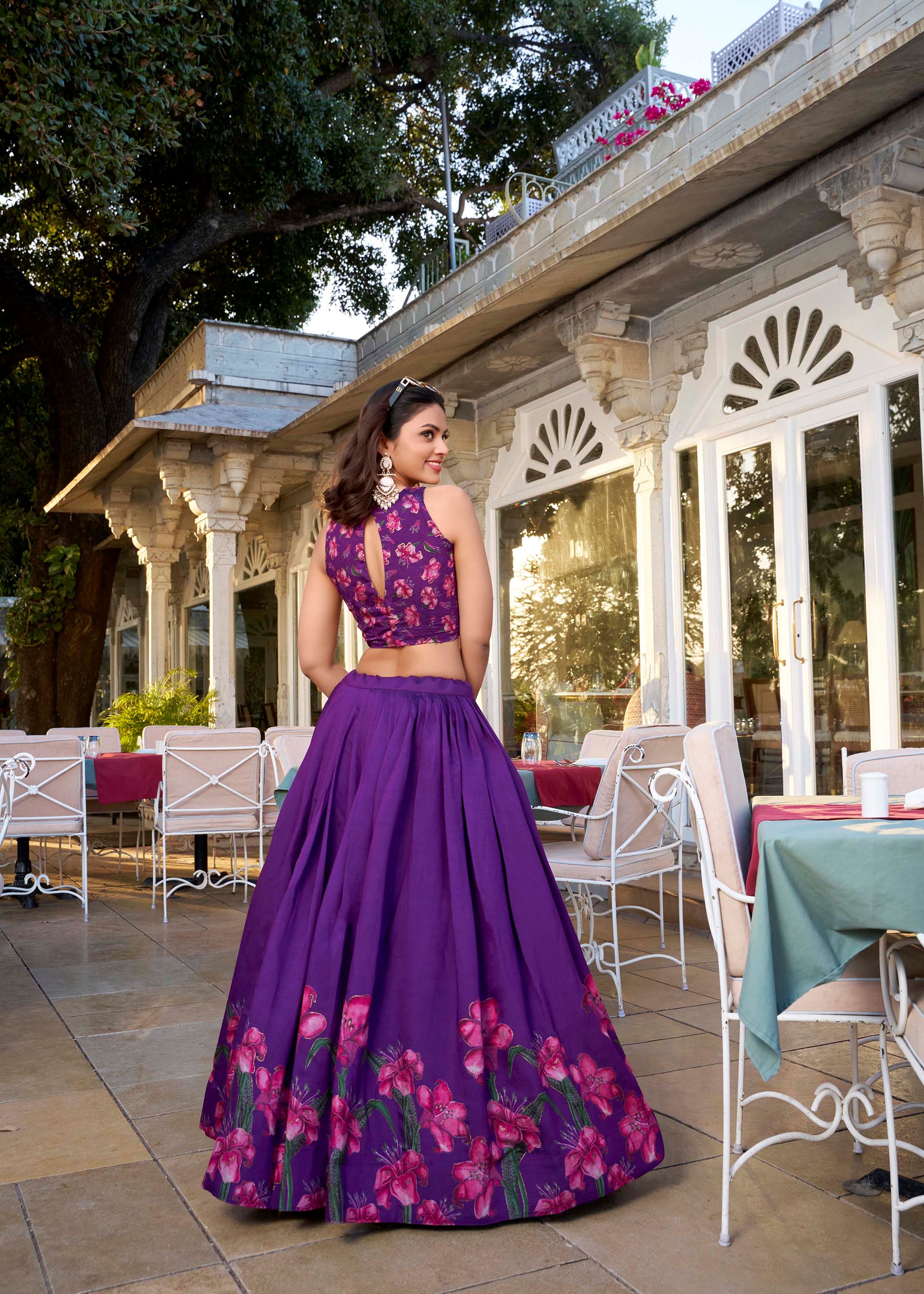 Purple Tussar Silk Lehenga with Floral Print and Foil Work Detailing